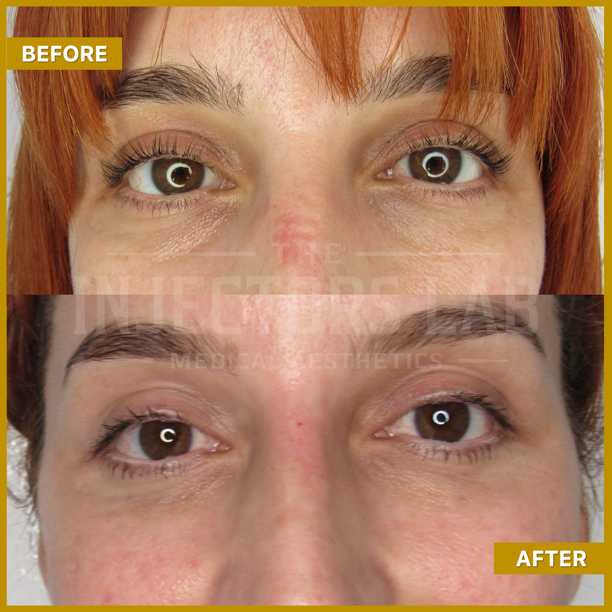 Before and after comparison of a woman's eyes and eyebrows, showing subtle changes in appearance and grooming.