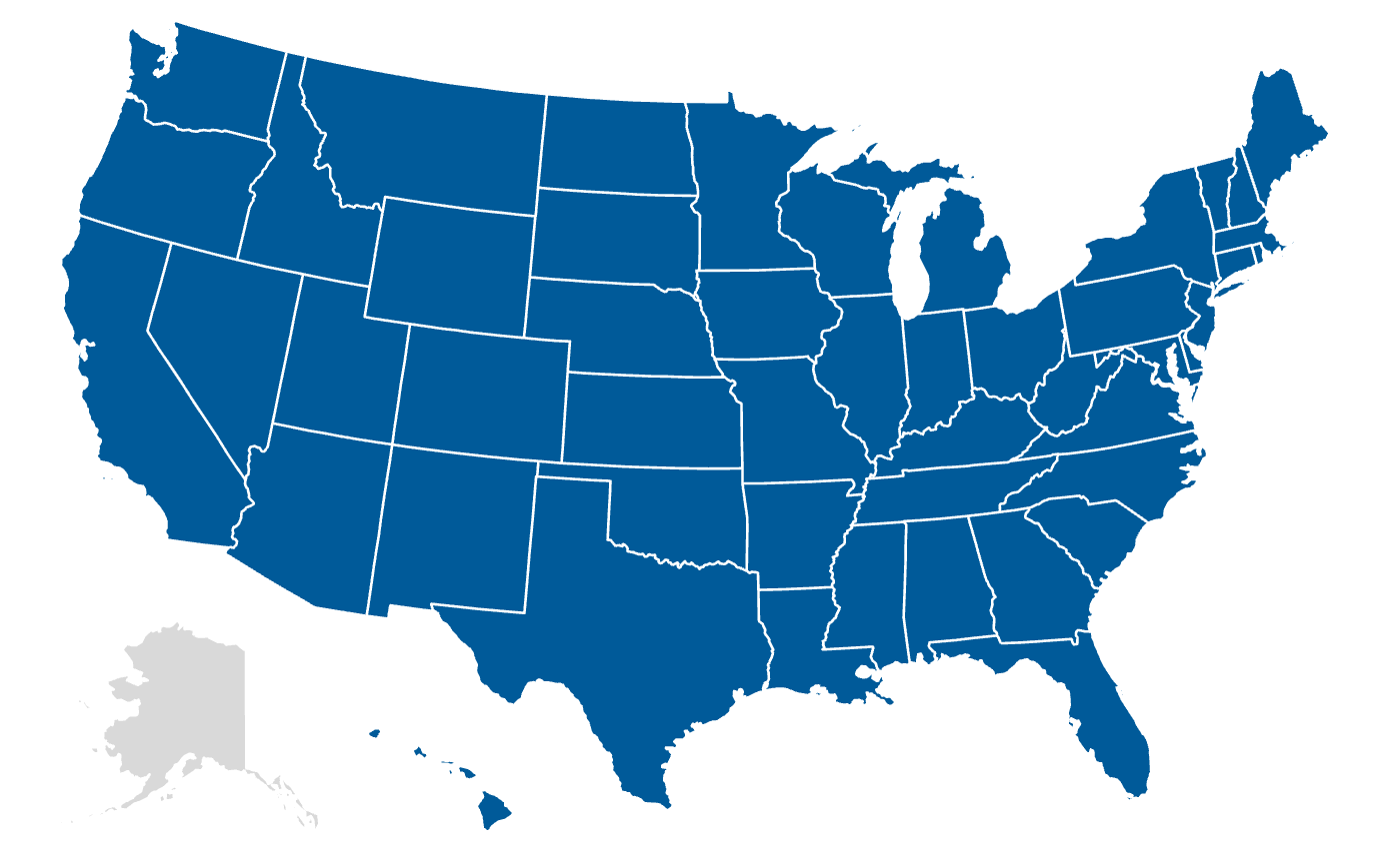 Map of Coverage across 49 U.S. States. All are shaded blue except for Alaska.