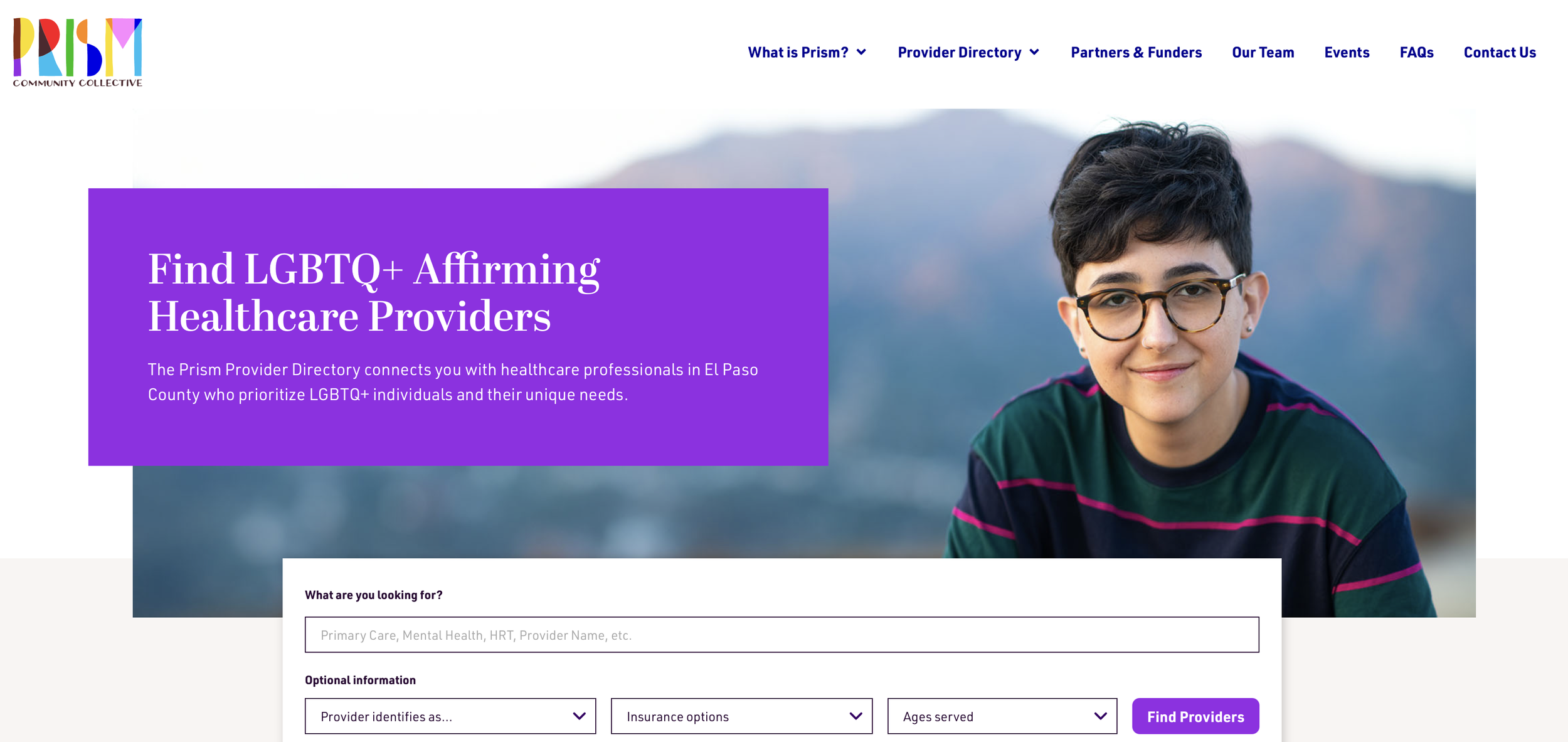 View of the Prism Provider Directory web page, including a young adult with short hair and glasses grinning at the camera against a backdrop of hazy mountains.