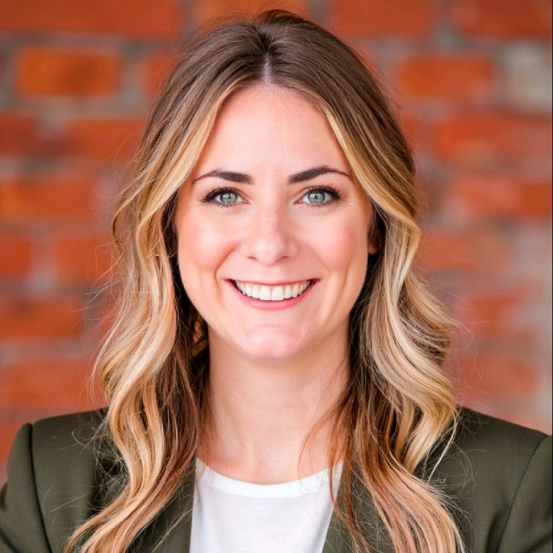 Headshot of Nicole Segura, a smiling white woman with wavy blond hair. She stands before a red-orange brick wall and wears a white tee underneath a gray blazer. She appears friendly and personable.