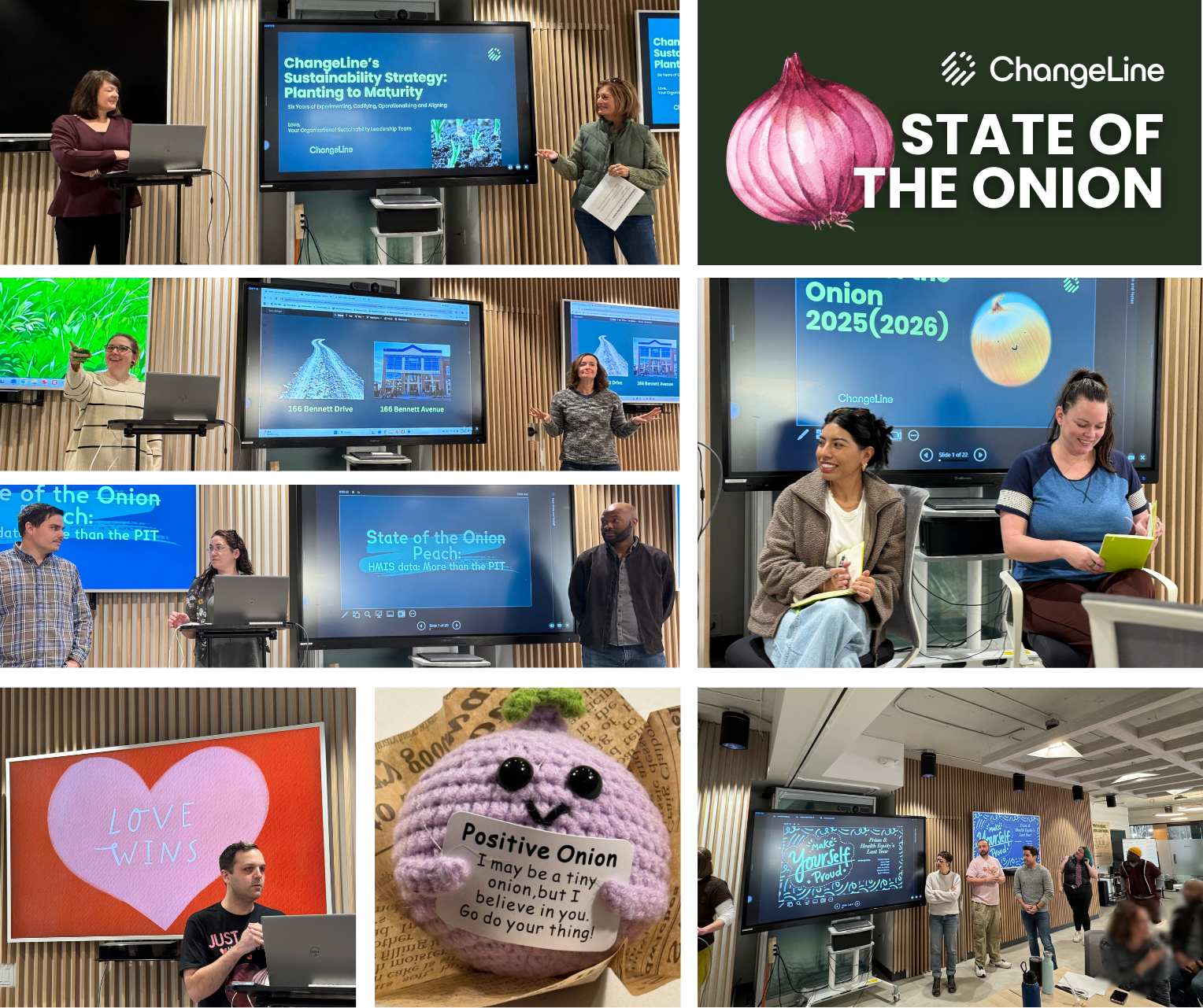 A collage of ChangeLine staff smiling as they present their work