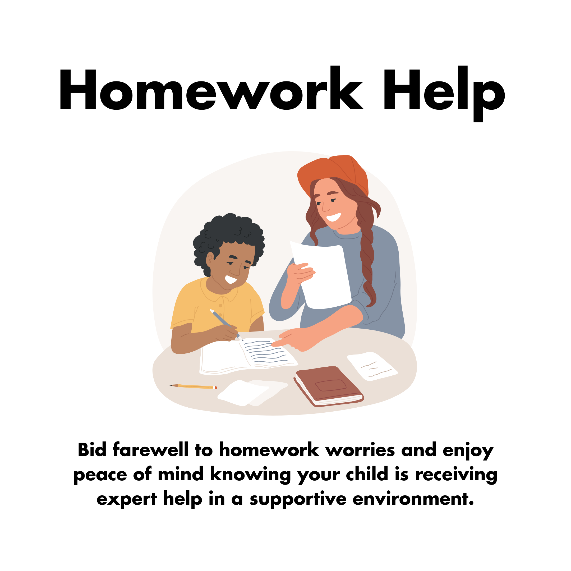Illustration of a woman assisting a young boy with homework at a table, with books and papers around them, representing homework help services for children.