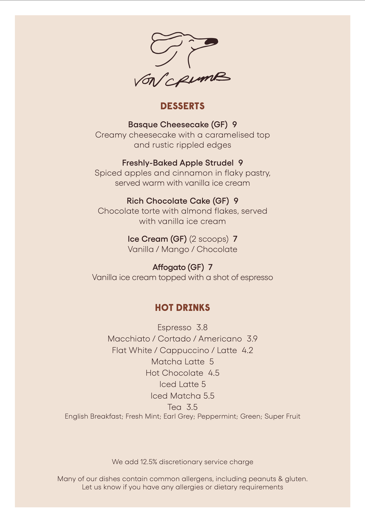 A menu from Von Crumb featuring desserts and hot drinks. Desserts include Basque cheesecake, apple strudel, chocolate cake, ice cream, and affogato. Hot drinks include various espresso-based beverages, teas, and hot chocolate.