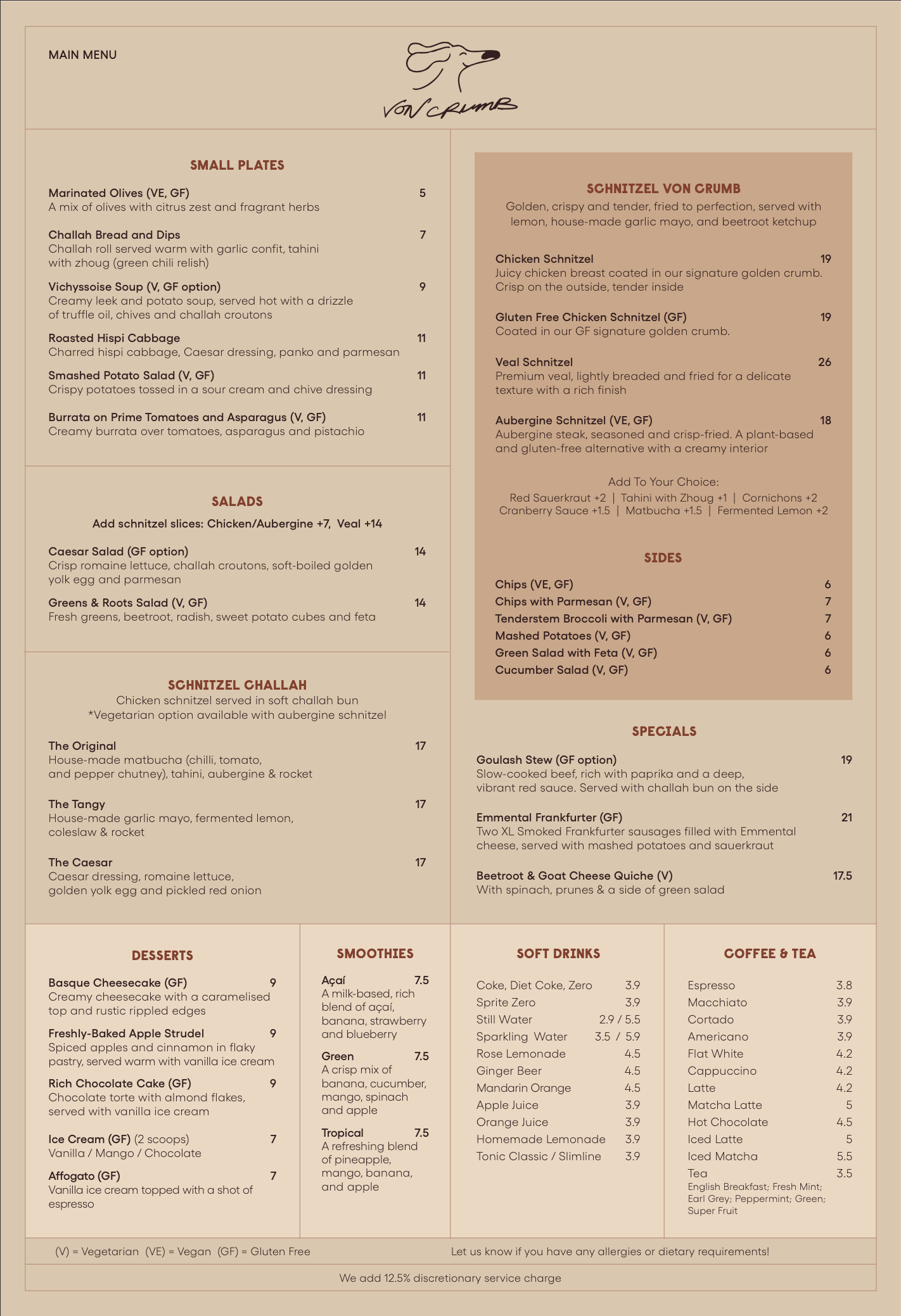Von Crumb restaurant menu featuring small plates, salads, schnitzel challah, schnitzel von crumb options including chicken, gluten-free, veal, aubergine, sides like chips, green salad, cucumber, and desserts, smoothies, soft drinks, coffee, and tea.