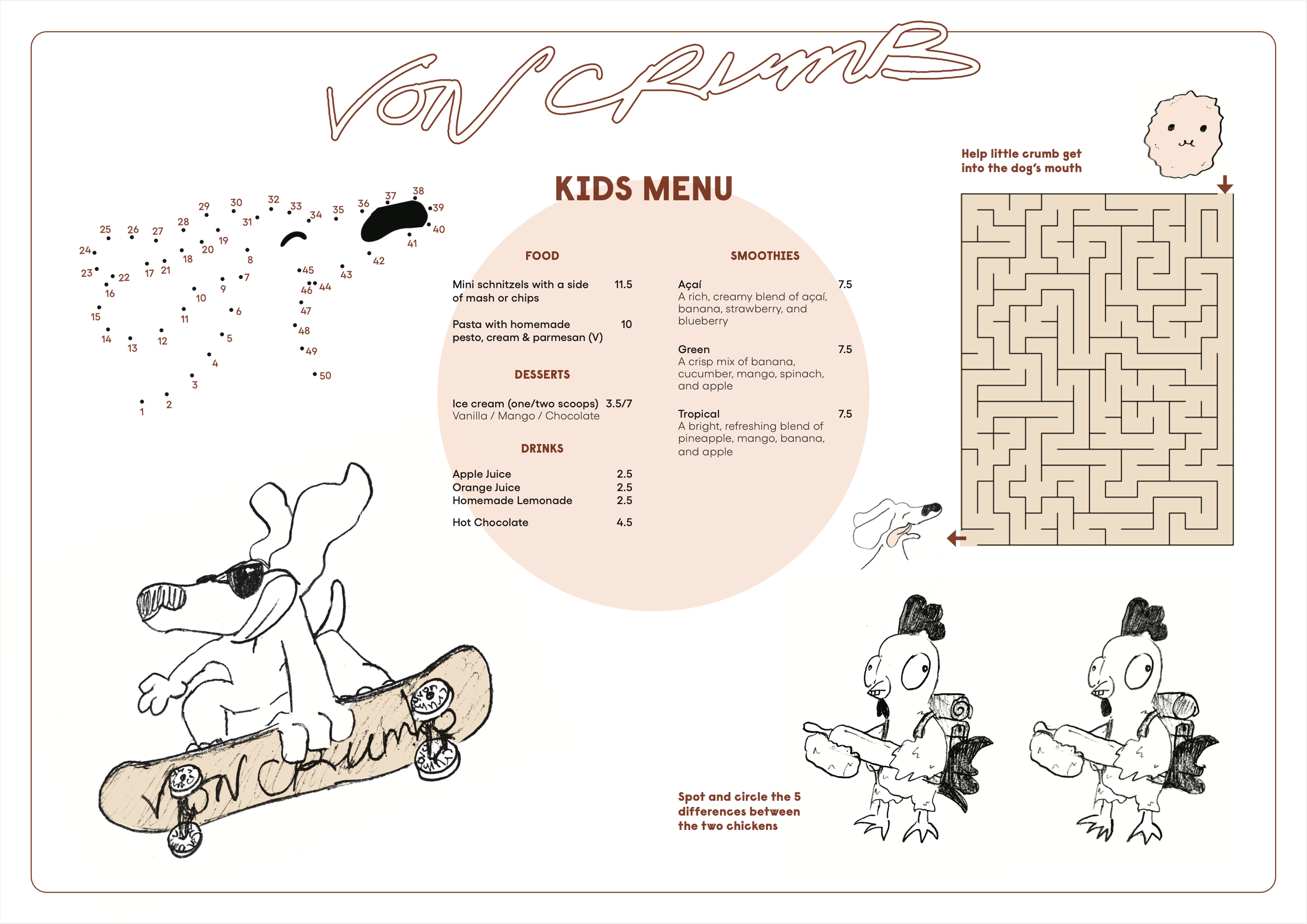 A children's menu featuring a connect-the-dots dog, a maze with an arrow for help, and two cartoon chickens holding food. The menu includes kid-friendly food and dessert options, drinks, and smoothies.