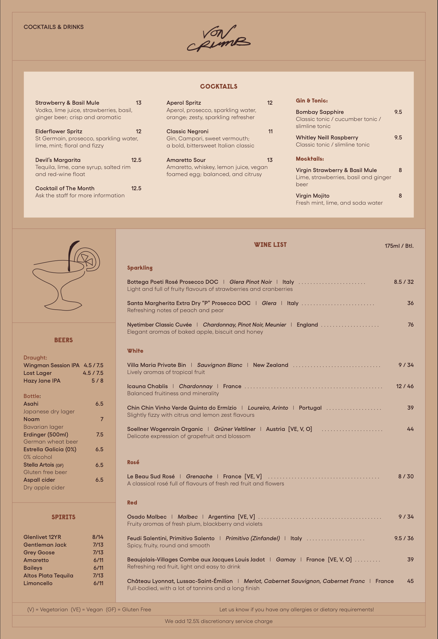 Menu page featuring cocktails, beers, spirits, and wine options at a restaurant called Von Crumb.