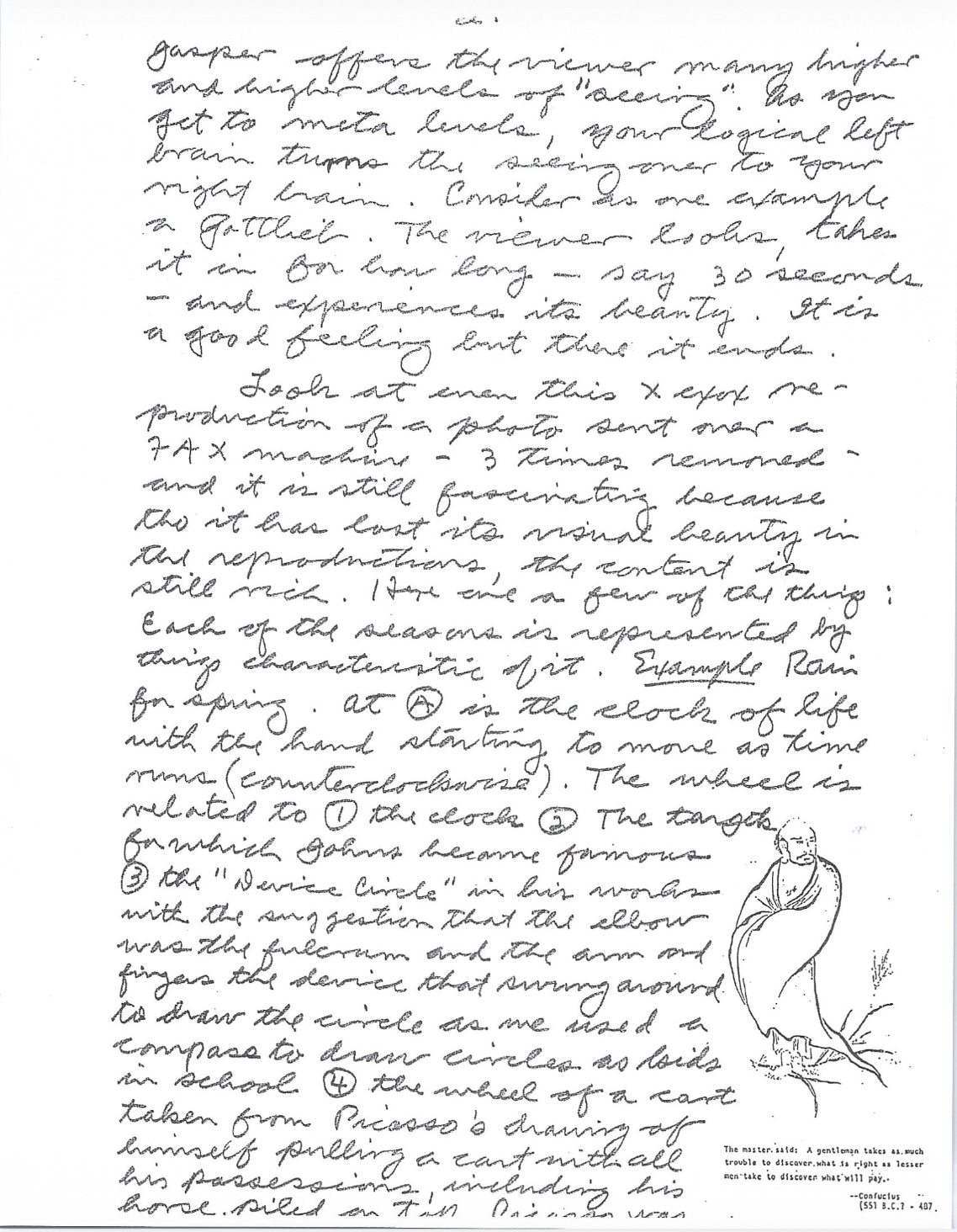 A hand-drawn sketch of a person in a cloak, sitting with hands crossed. The sketch is situated at the bottom right corner of a handwritten page discussing a clock mechanism and metaphorical descriptions of life. The text also includes a quote at the bottom about a gentle man, along with a citation.