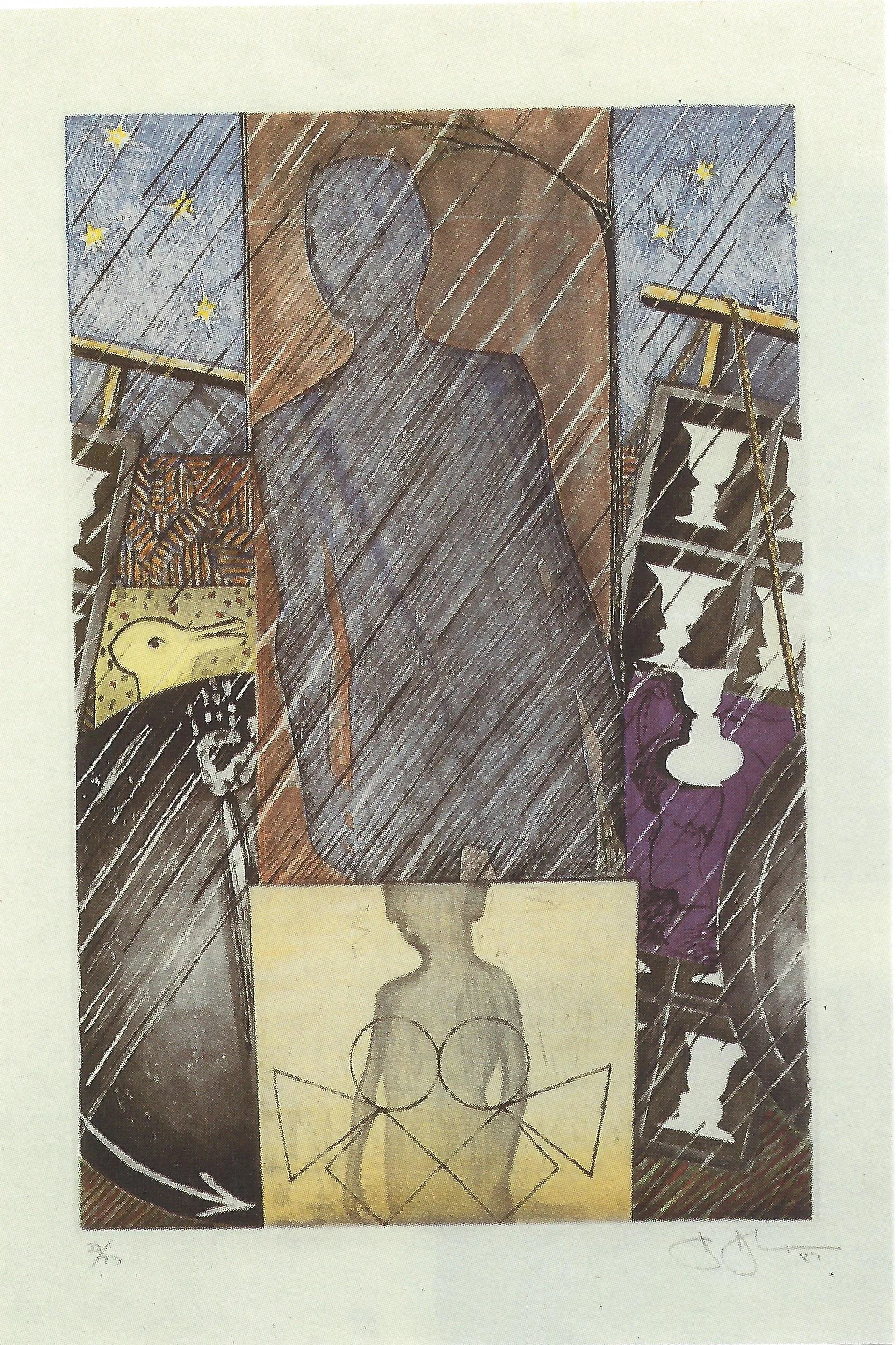 Abstract artwork featuring a silhouette of a person in the center, framed by various geometric shapes, patterns, and figures, with rain pouring down.