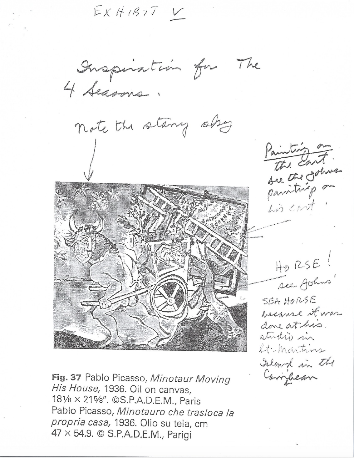 Handwritten notes and annotations around a black and white artwork of a minotaur pulling a chariot, with notes explaining the story and details of the painting by Pablo Picasso.