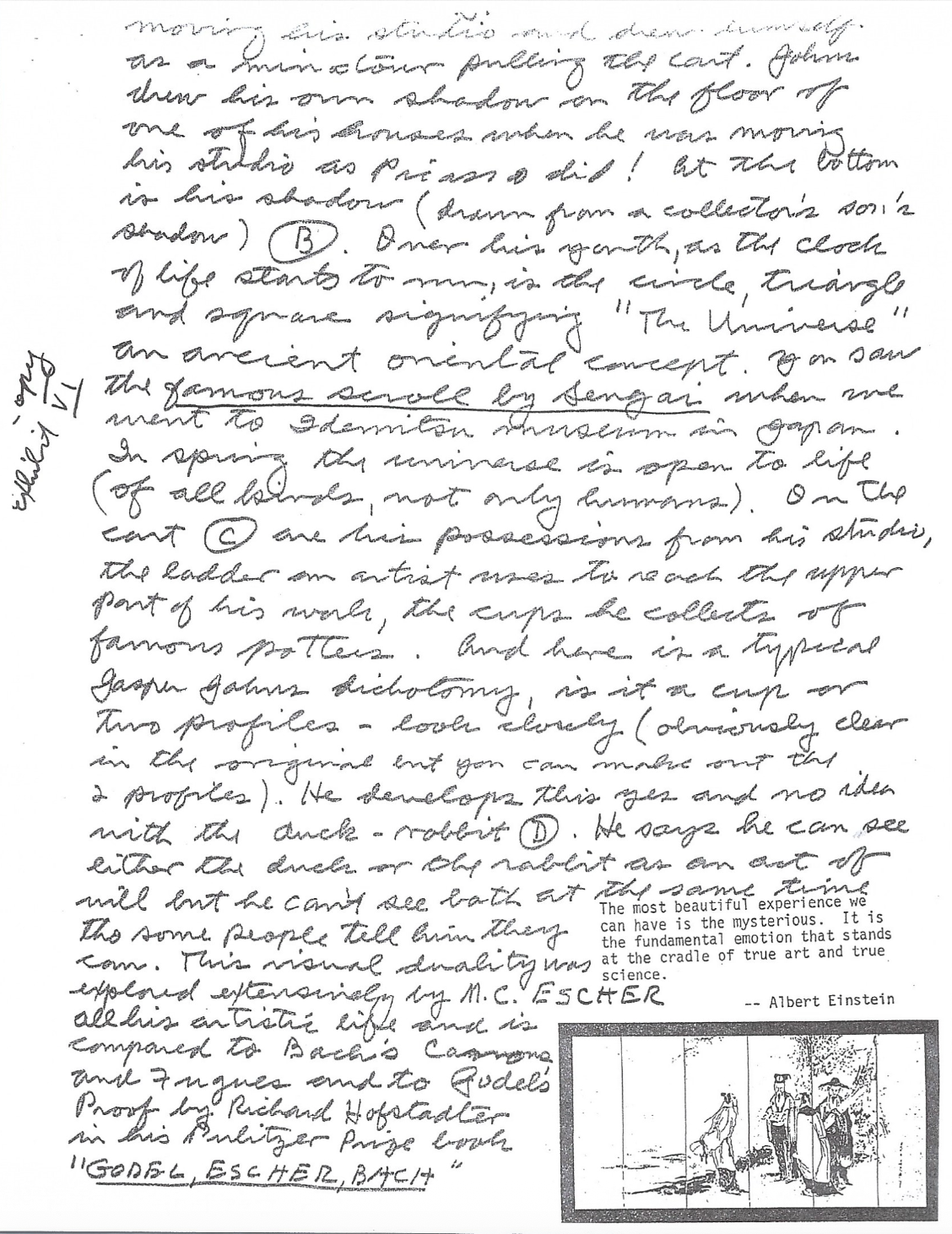 A page of handwritten notes discussing symbols and concepts related to the universe, ancient origin, and sacred geometry. It includes references to Euler's work, the crucifixion, and the design of the universe, with annotations and a small illustration of three people outside.