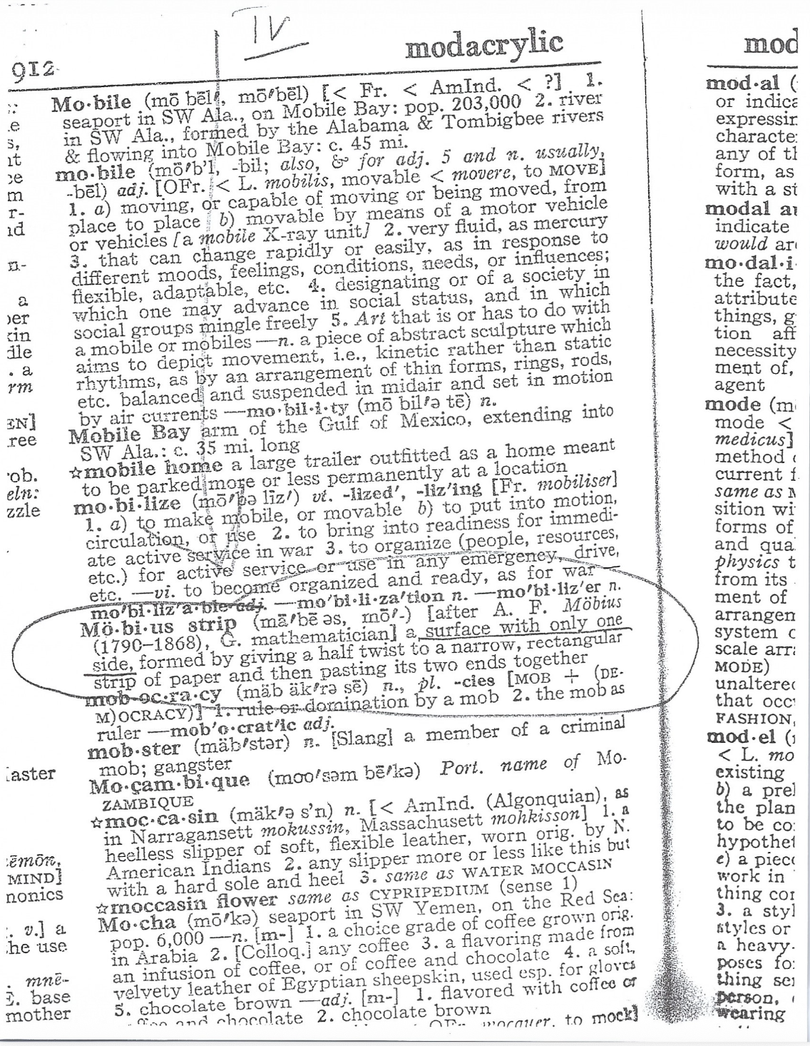 A scanned dictionary page focused on the word 'mobile,' providing definitions and related terms, with annotations and underlines.