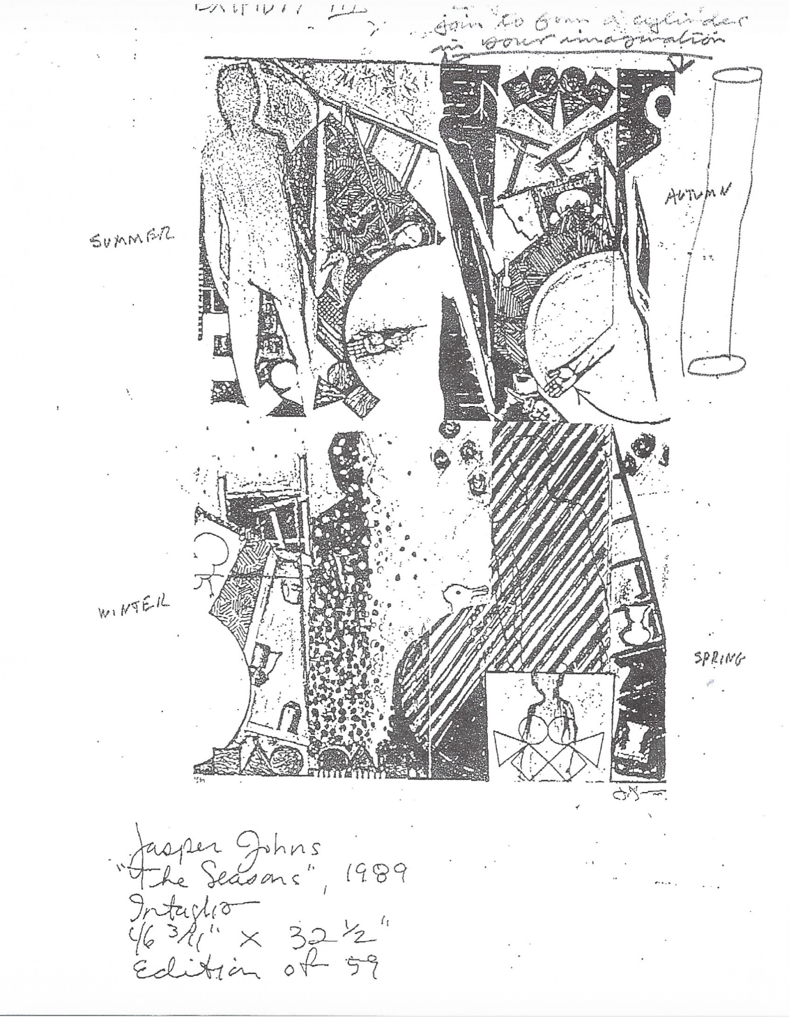 A black and white drawing titled "The Seasons" by Jasper Johns, created in 1989, with annotations indicating seasons (Summer, Autumn, Winter, Spring) and various sketches and notes.