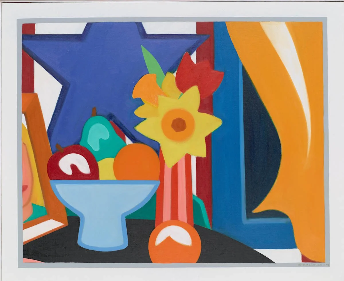 Colorful abstract still life painting of a bowl of fruit with a star-shaped background and a yellow flower in a striped vase.