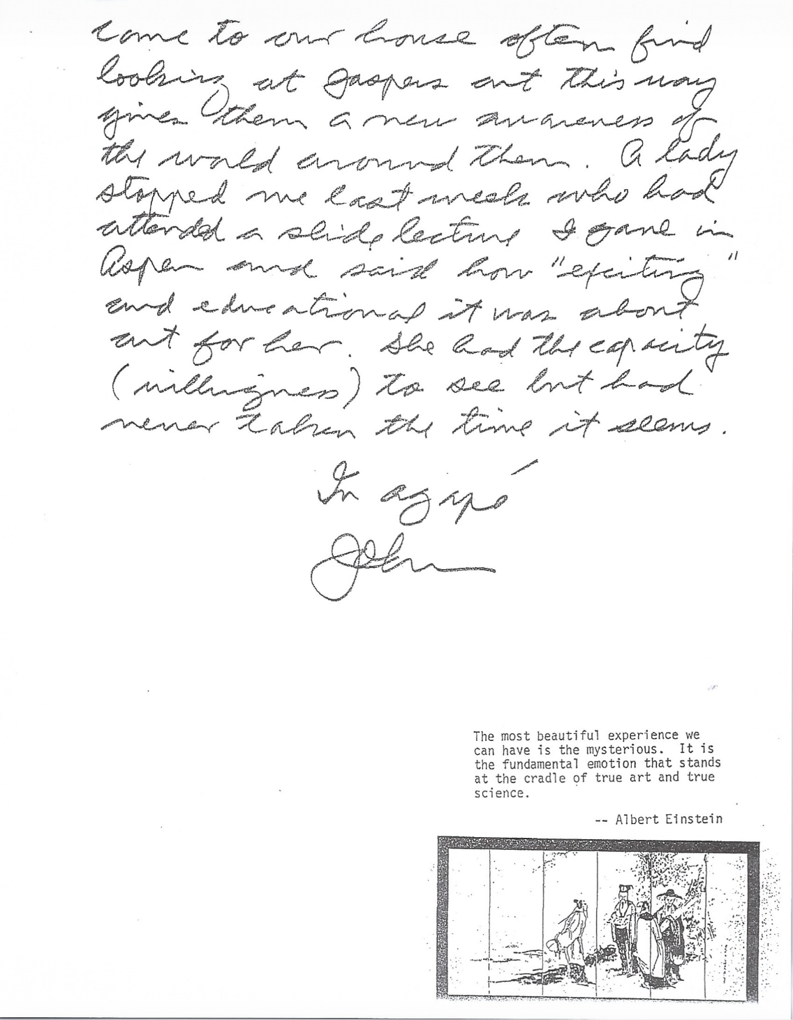 A handwritten letter signed 'John' with a printed quote by Albert Einstein and a small sketch of three people and a dog walking outside.