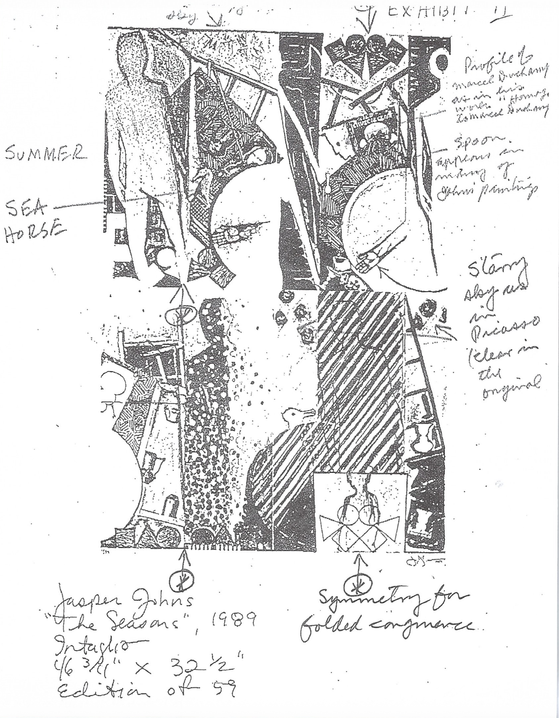 A hand-drawn layout or sketch of a yard or garden scene, including labels such as 'Summer,' 'Sea Horse,' and annotations about various elements like a sculpture and a mirror.