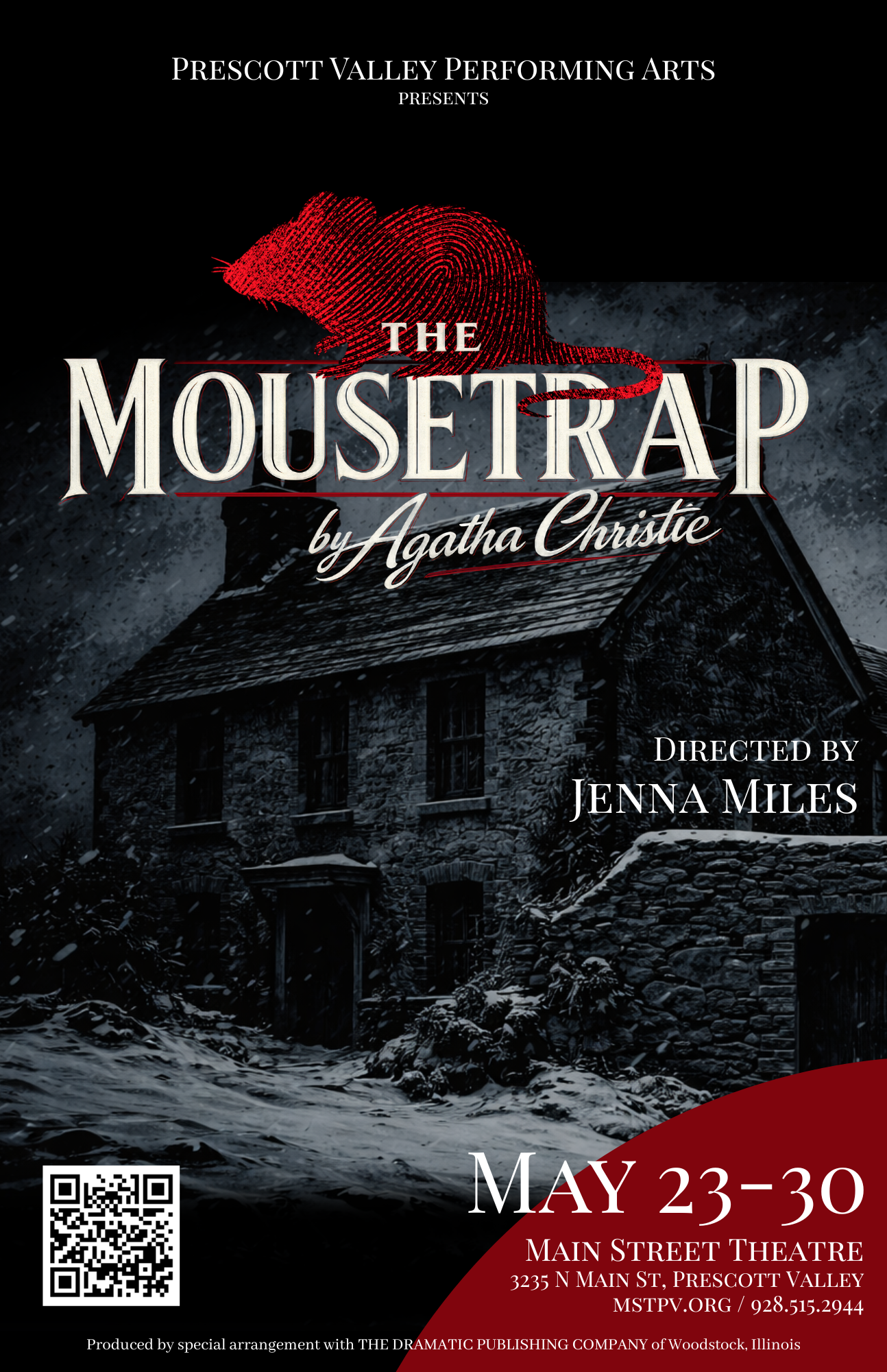 Black and white poster for Prescott Valley Performing Arts presents Agatha Christie's 'The Mousetrap,' directed by Albert Hendeaux, scheduled for May 23rd to 30th at Main Street Theatre, Prescott Valley, featuring a silhouette of a detective in a trench coat and hat in front of a doorway.