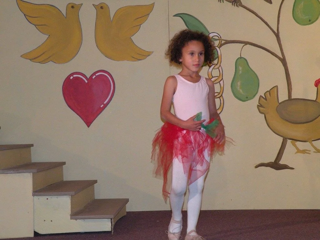 Young girl dressed in a ballet tutu, wearing a white top, red tutu, and white tights, standing near painted walls with hearts, doves, pears, and a chicken.