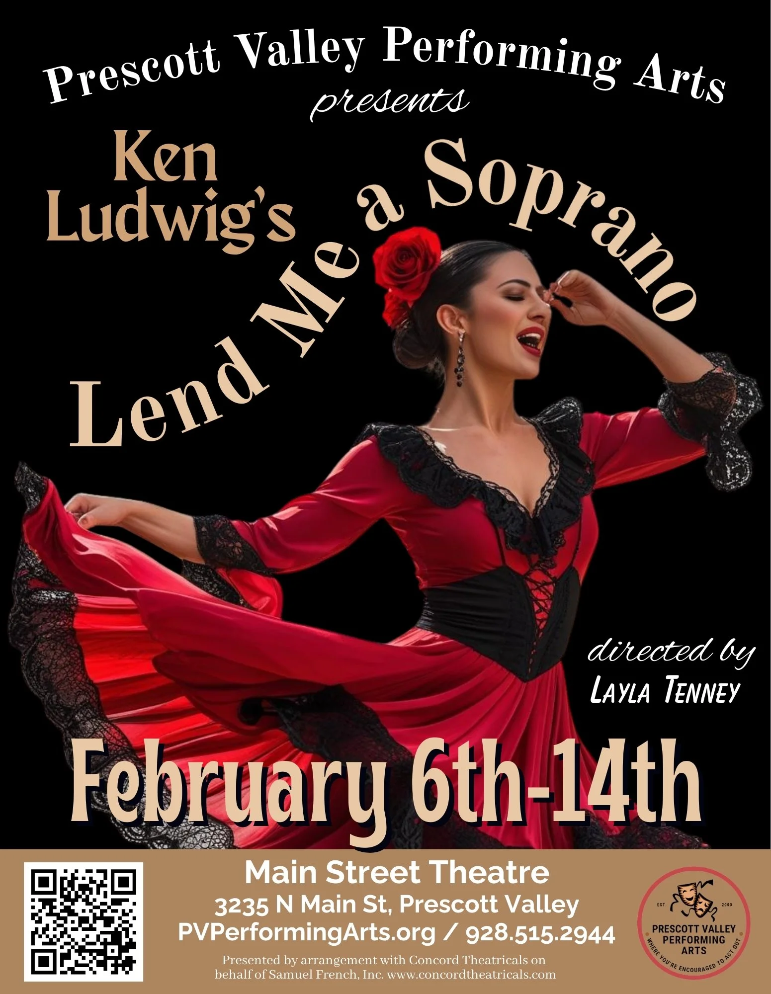 Poster for a performance of Ken Ludwig's 'A Spraano' presented by Prescott Valley Performing Arts, directed by Layla Tenney, occurring from February 7th to 14th at Main Street Theatre, Prescott Valley. Features a woman in a red dress with lace details, singing with her eyes closed, wearing a red rose in her hair.