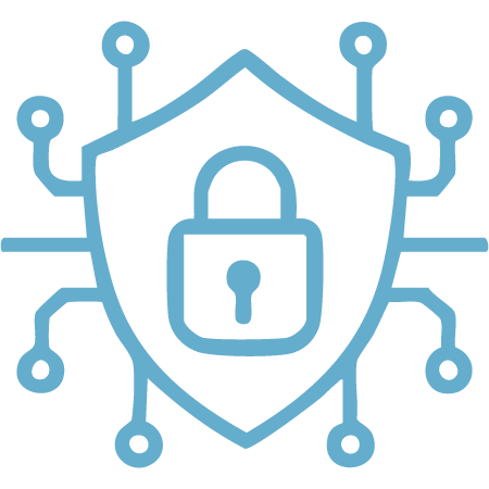 Digital security shield with a padlock in the center, surrounded by circuit lines indicating cybersecurity.