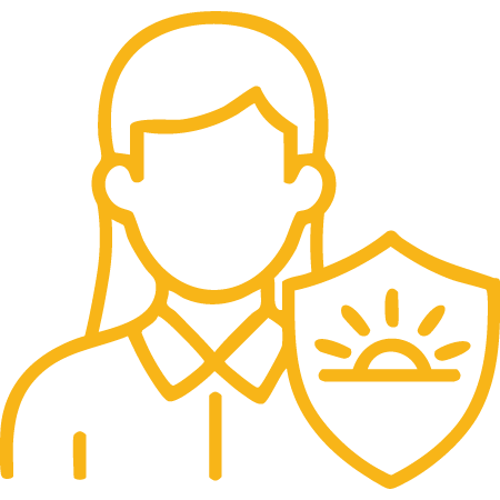 Outline of a woman with a shield featuring a sunrise, symbolizing protection or security.