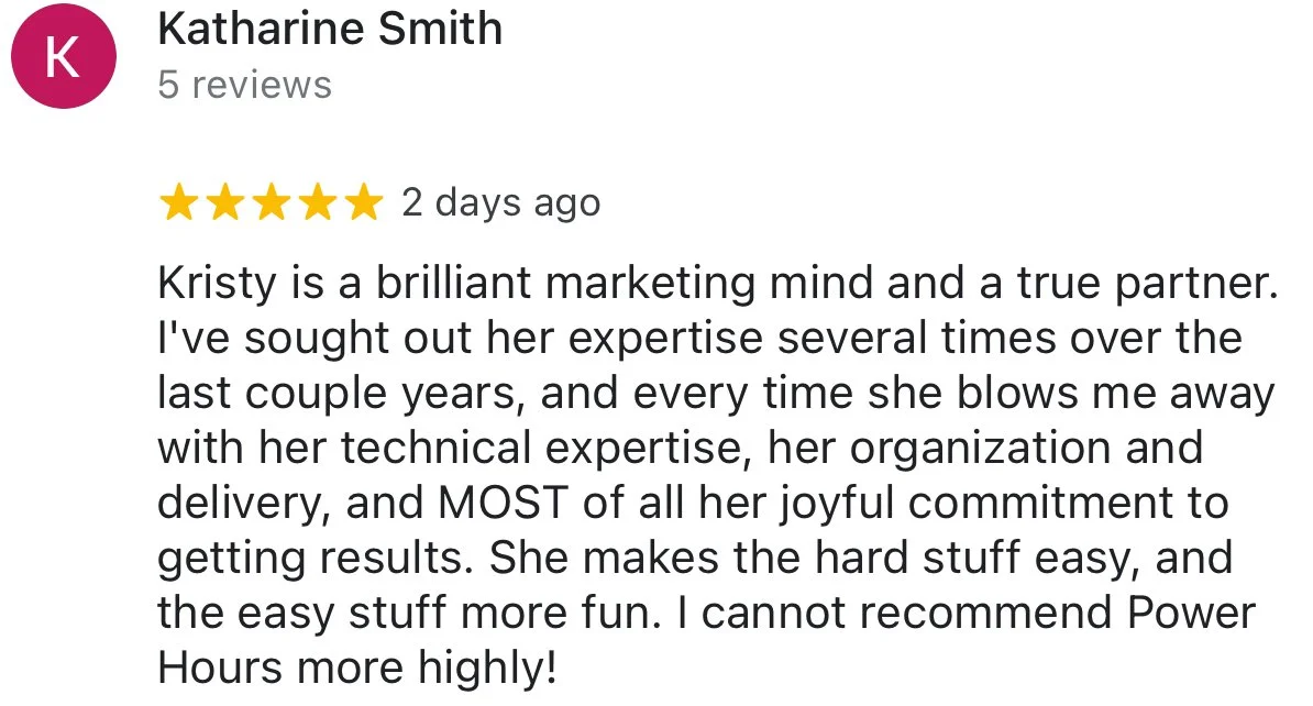 This is a five star review of the Wicked Tactical Power Hour with Kristy Krugh by Katharine Smith Career Coach