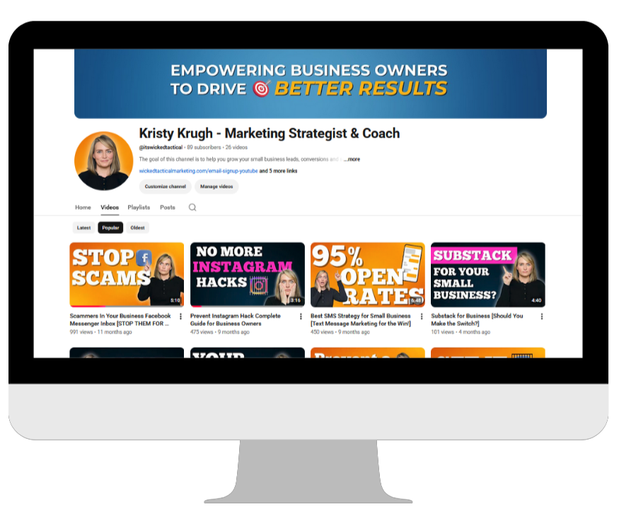 Kristy Krugh Marketing Strategist YouTube Channel Home Page featuring videos made for small business owners