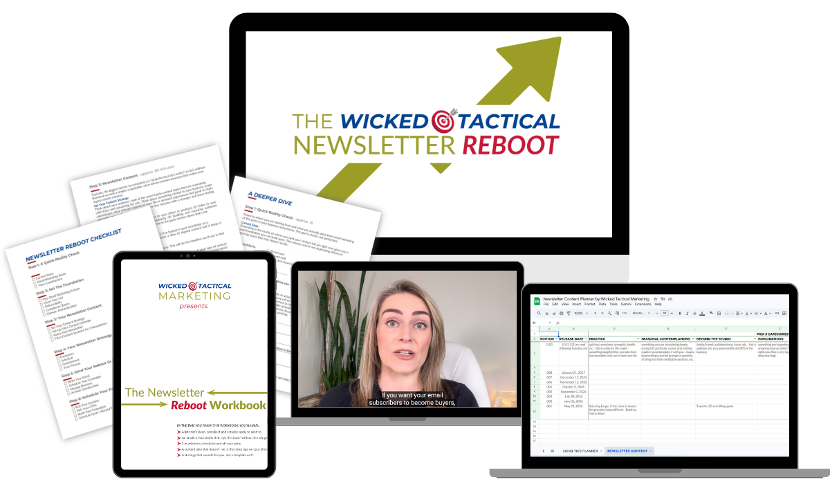 preview image for the Wicked Tactical Newsletter Reboot showing workbook, tutorial video and newsletter content planner
