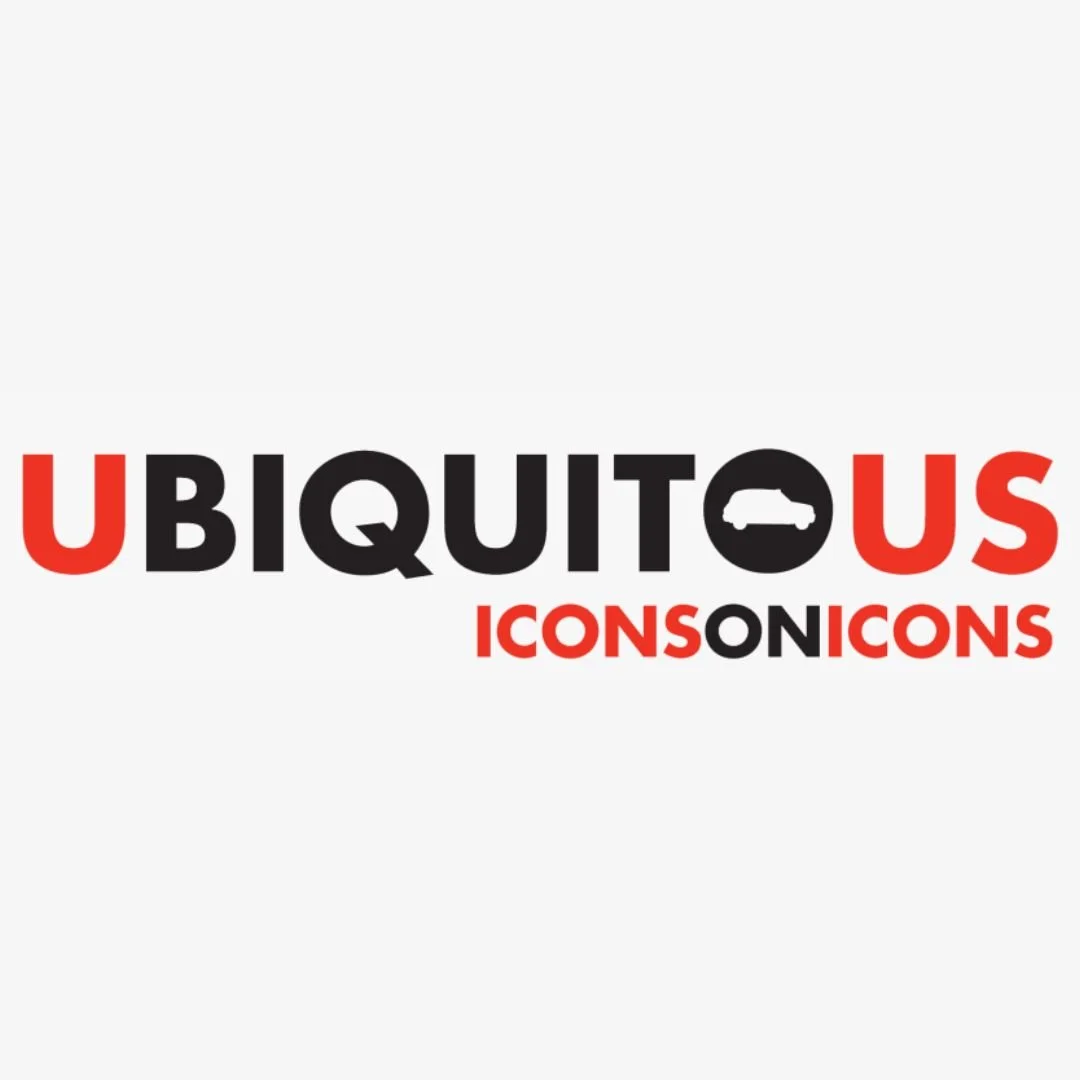 Logo with the word 'UBIQUITOUS' in black and red, featuring a white car silhouette inside the letter 'O'. Below, the words 'ICON' and 'ICONS' are in red, and 'ON' is in black.