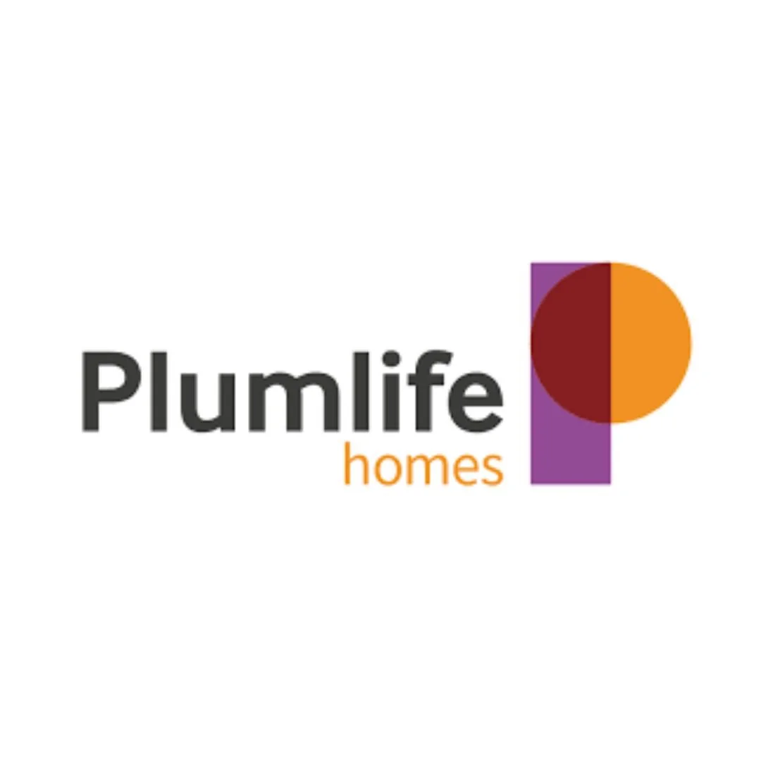 Plumlife Homes logo with black, orange, red, purple, and brown geometric shapes and text.