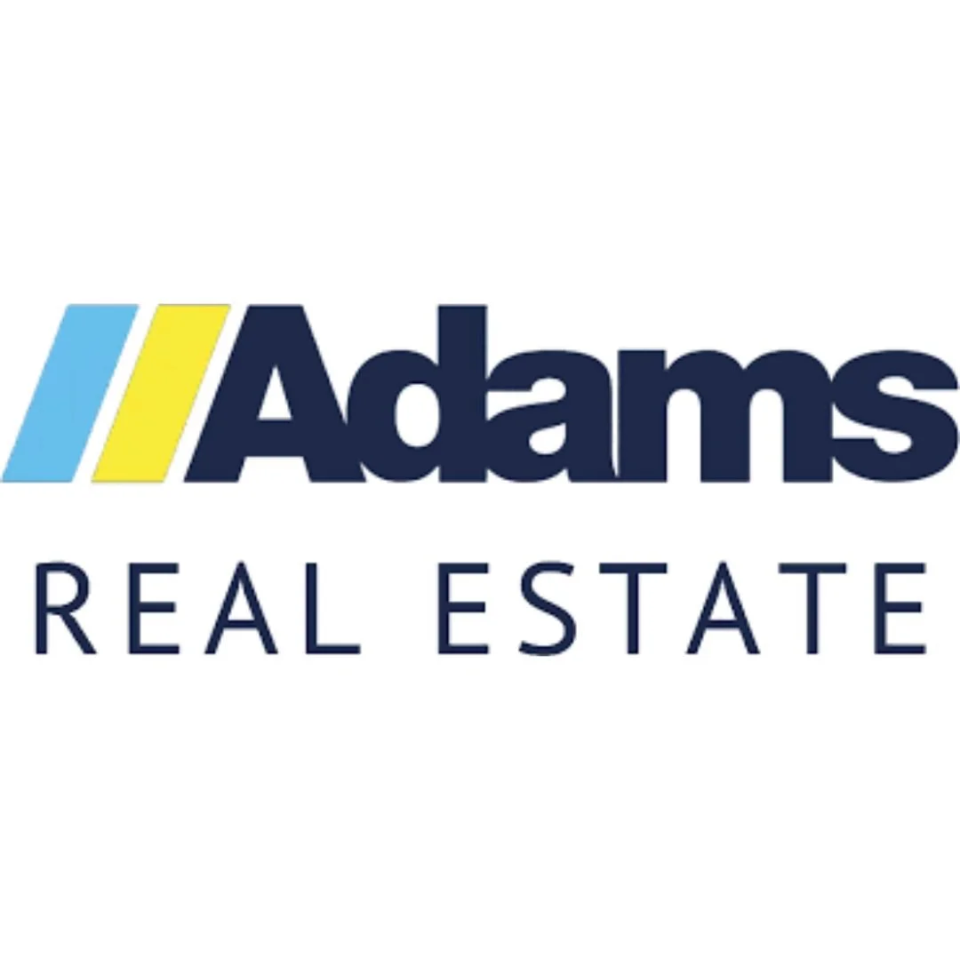 Adams Real Estate logo with three diagonal stripes in blue, yellow, and dark blue, and the text 'Adams Real Estate' in dark blue.