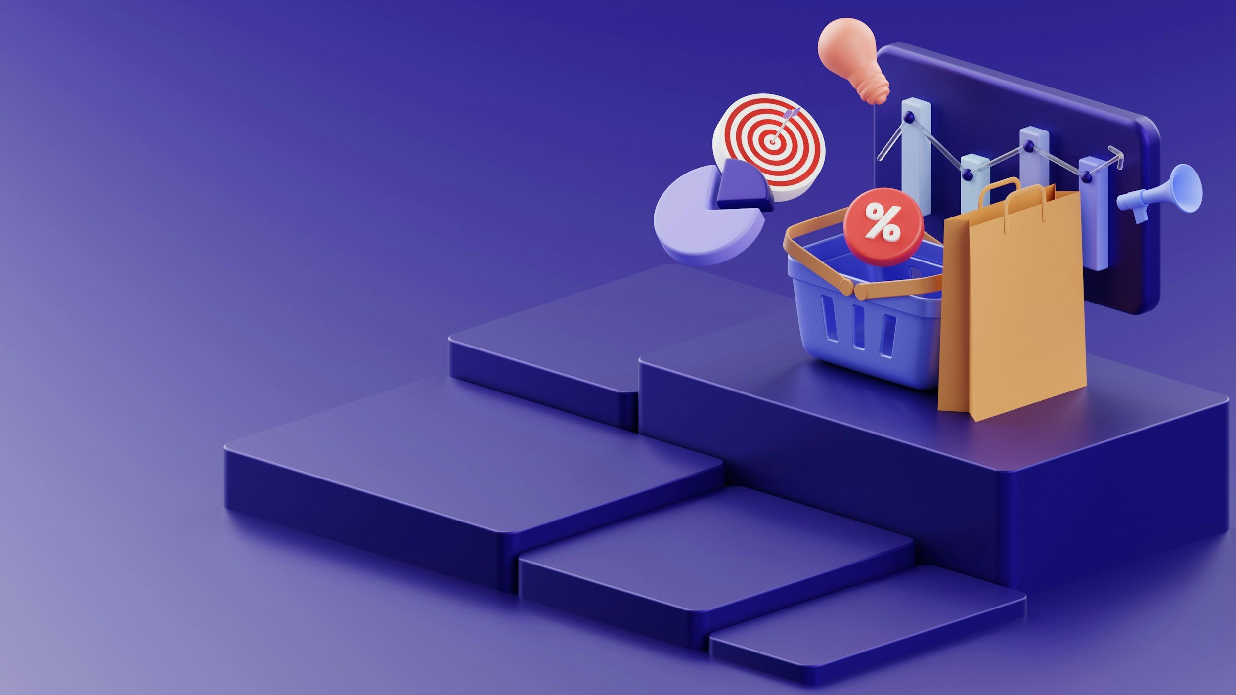 A digital illustration featuring a shopping cart with a percentage sign, a target, pie chart, bar graph, megaphone, and a pink microphone on purple platforms.