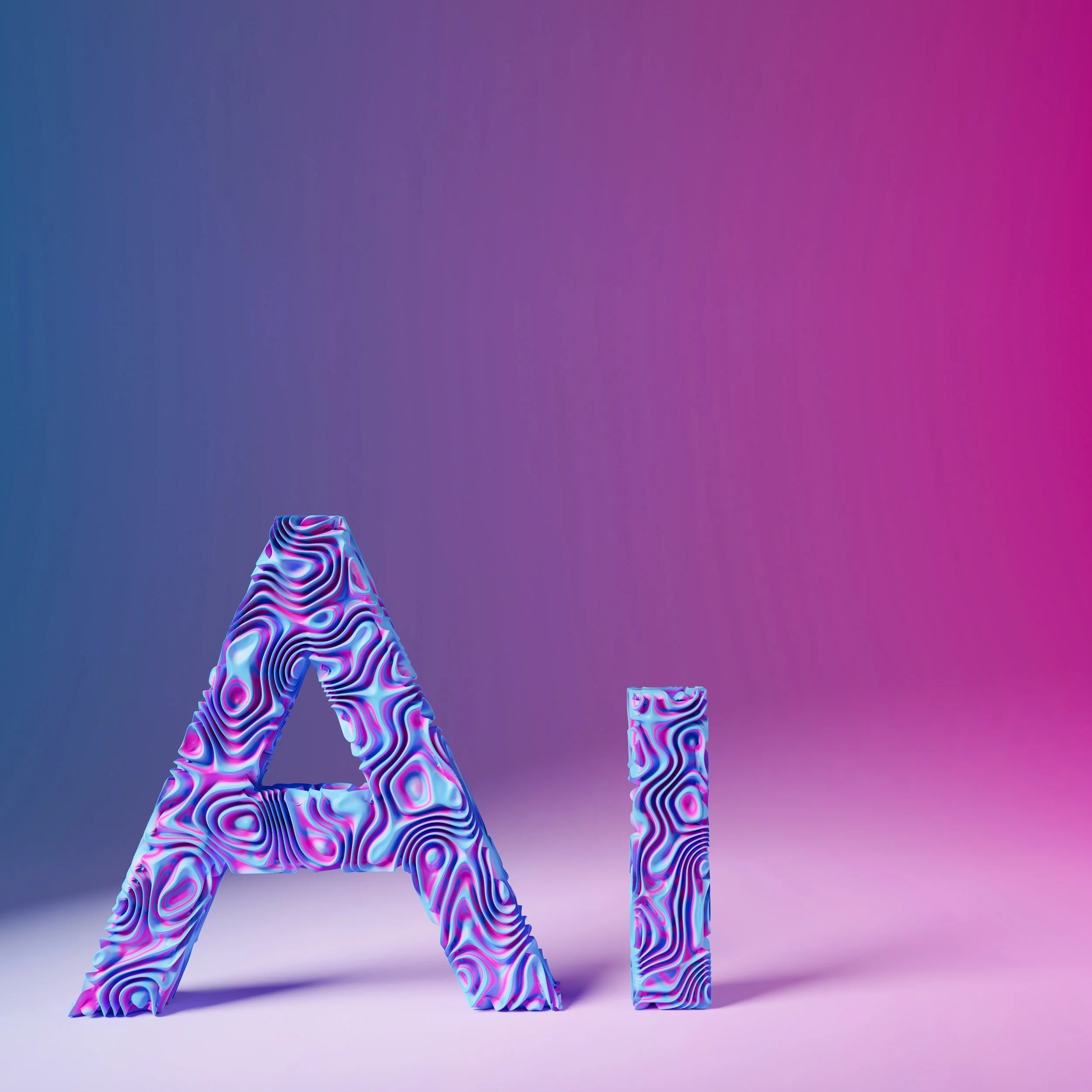 Colorful, abstract horse sculpture with swirling patterns in pink, blue, purple, and black on a purple gradient background.