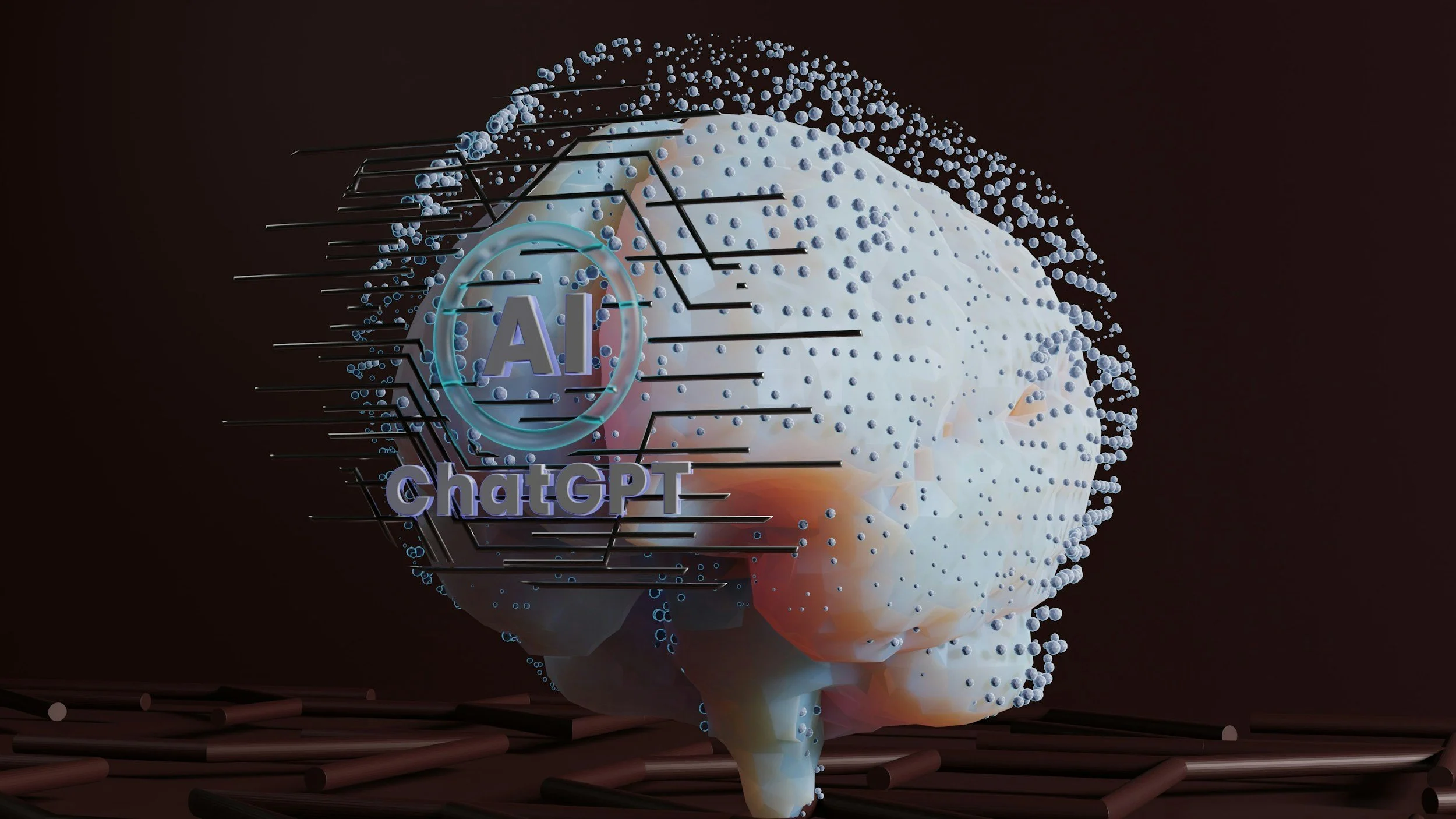 A digital illustration of a human brain with a glowing AI symbol and the text 'chatGPT' overlaying part of the brain, representing artificial intelligence.
