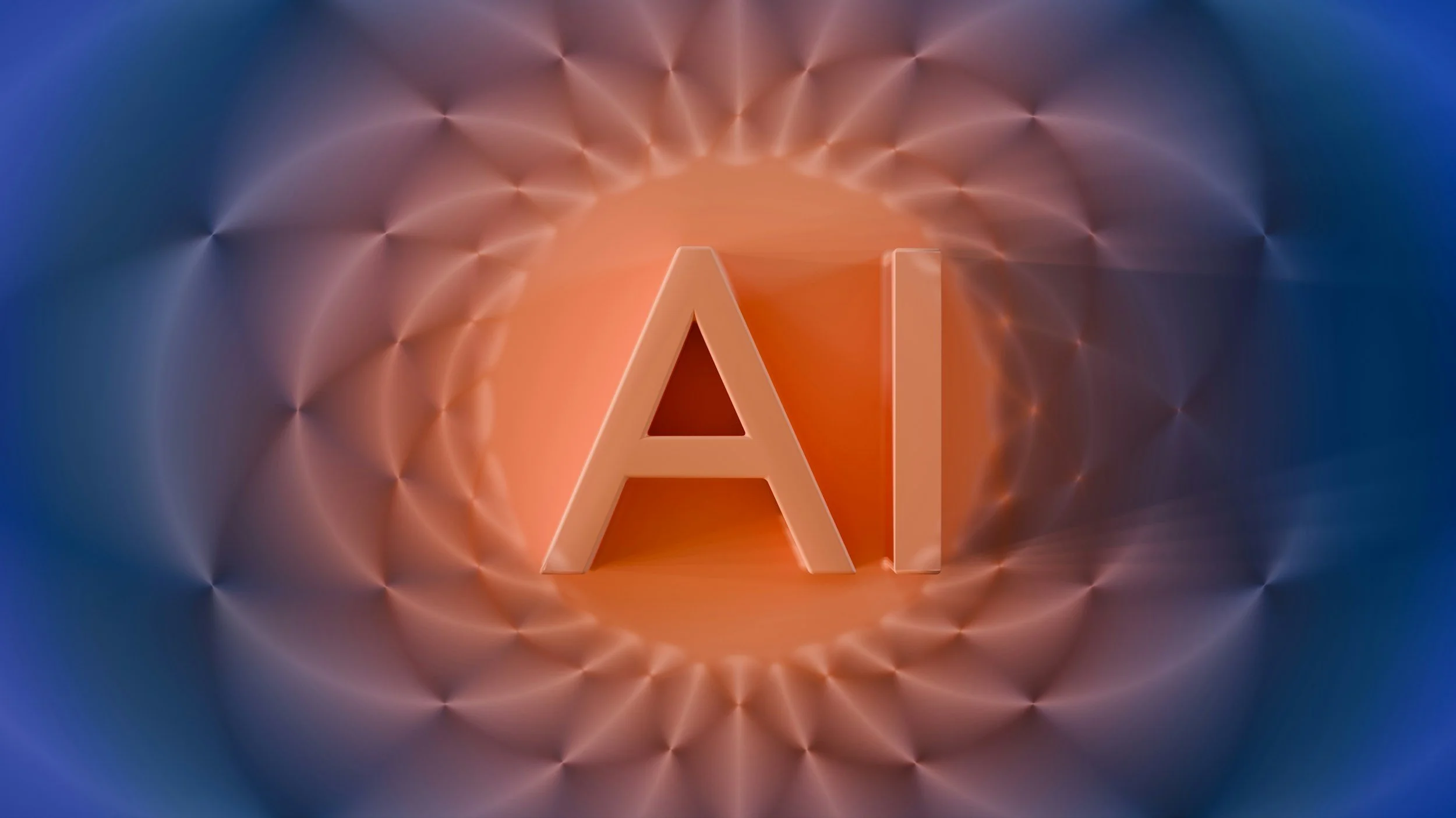 A digital artwork featuring the word 'AI' in large, three-dimensional letters with a glowing orange hue. The background displays a pattern of interconnected, luminous nodes in a circular arrangement, blending shades of blue, purple, and orange.