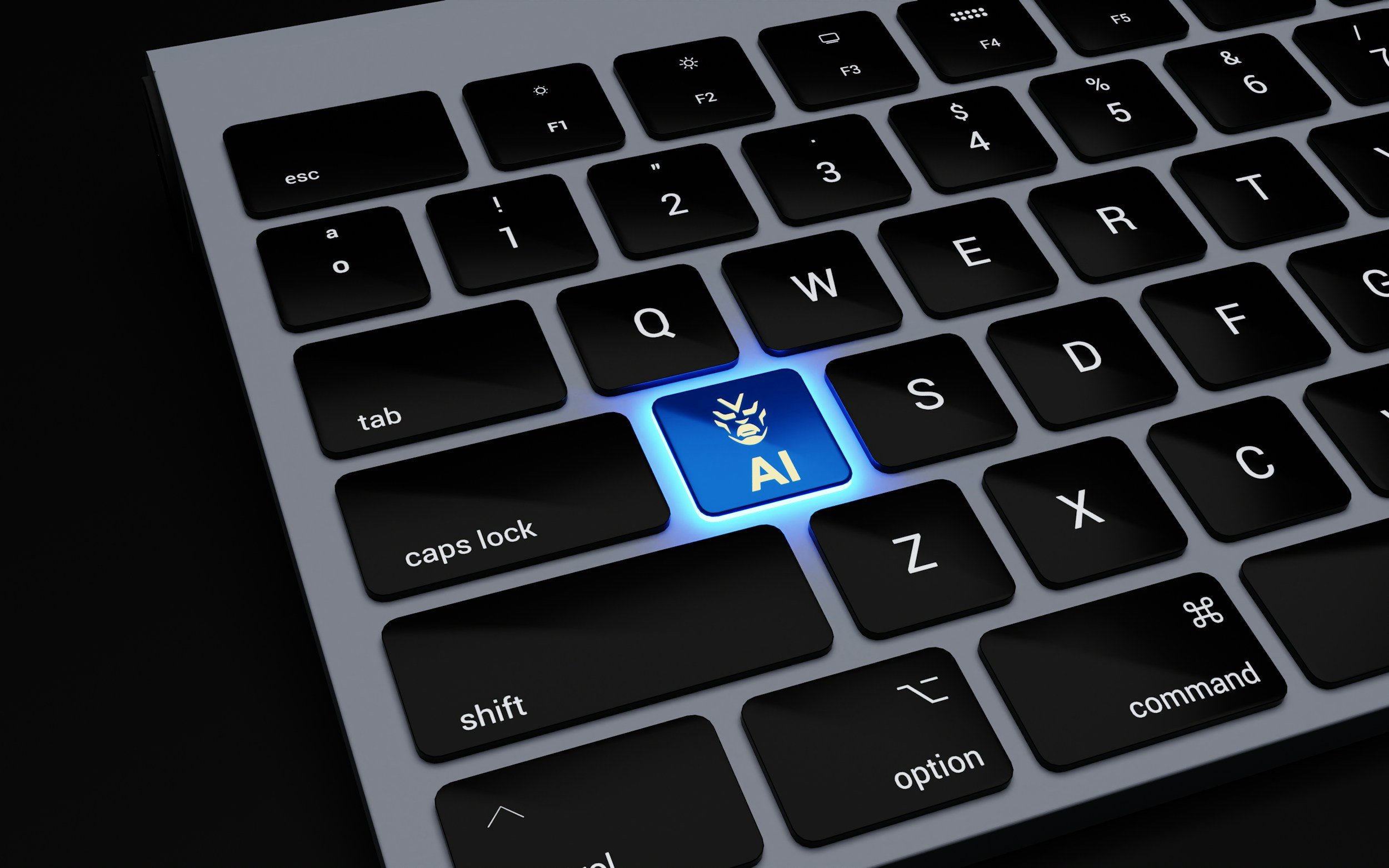 Close-up of a computer keyboard with a blue illuminated AI key featuring a lion's face.