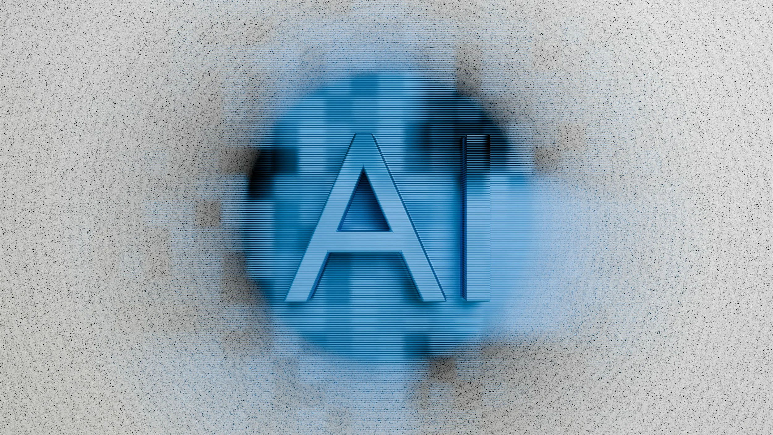 A stylized blue letter A with horizontal lines in front of a gray textured background.