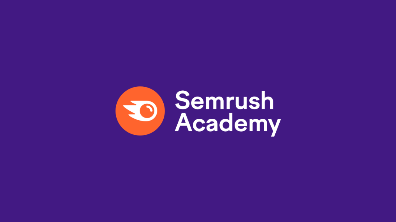 Semrush Academy logo with a purple background, an orange circle with a white comet symbol inside, and white text next to it reading "Semrush Academy."