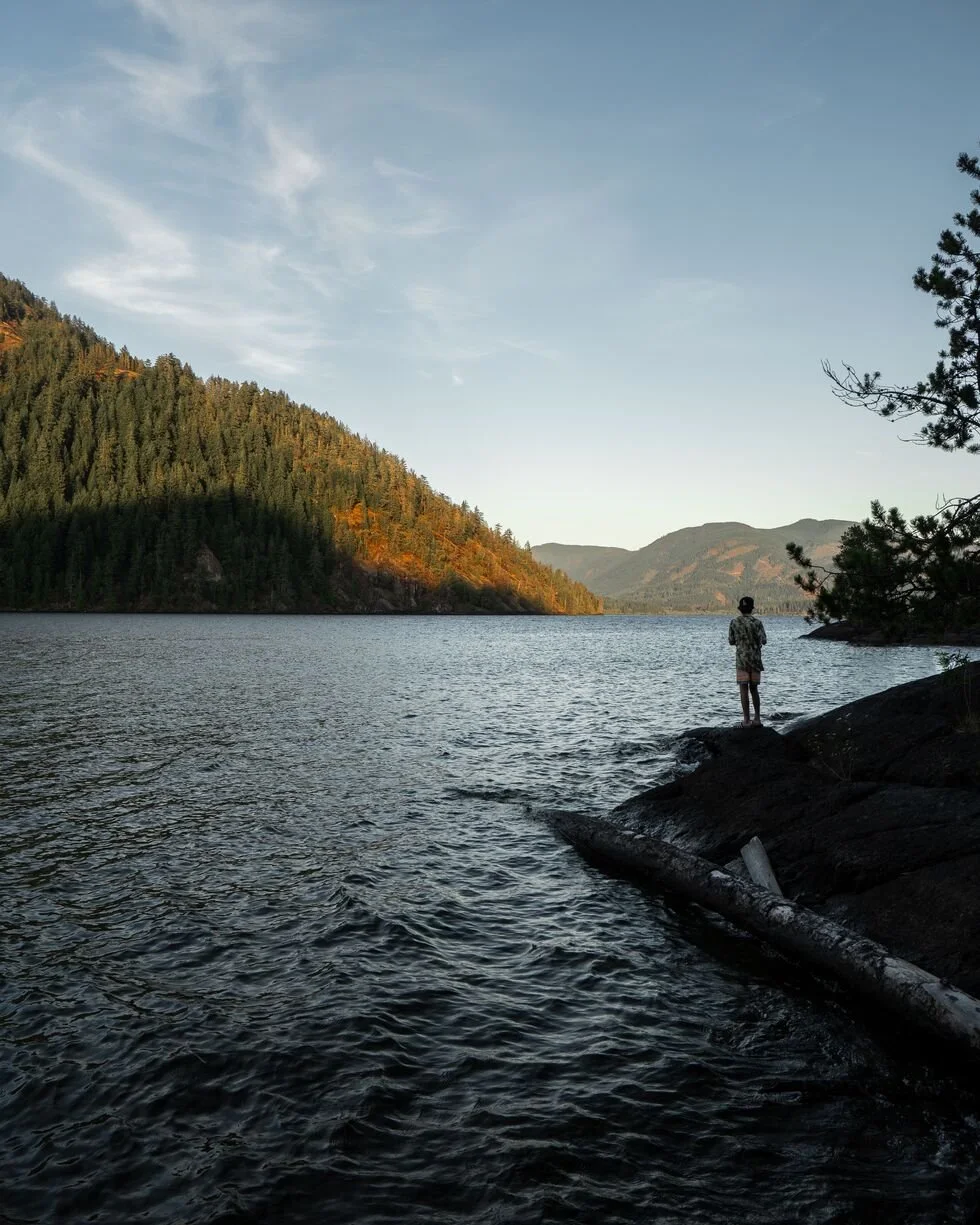 A person standing on a rocky shoreline by a body of water with forested hills and mountains in the background, under a partly cloudy sky.