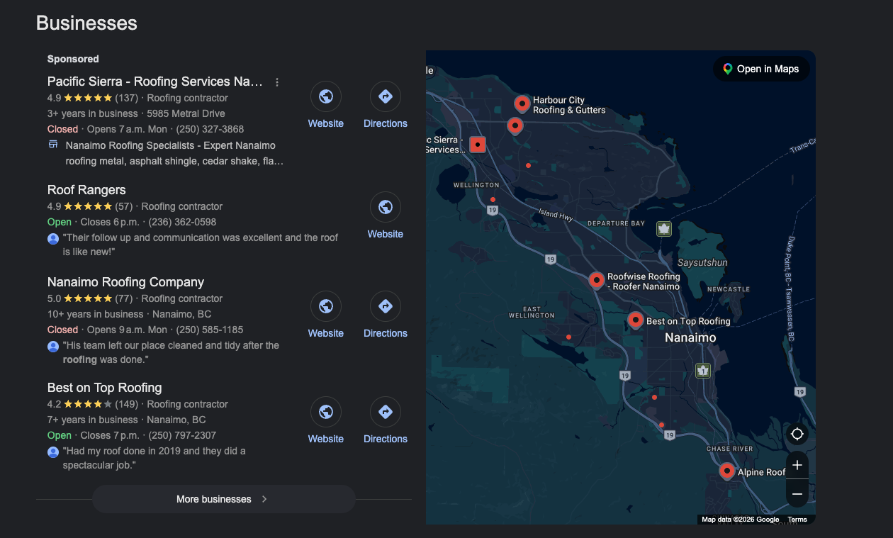 Google Maps search results showing roofing companies in Nanaimo, BC
