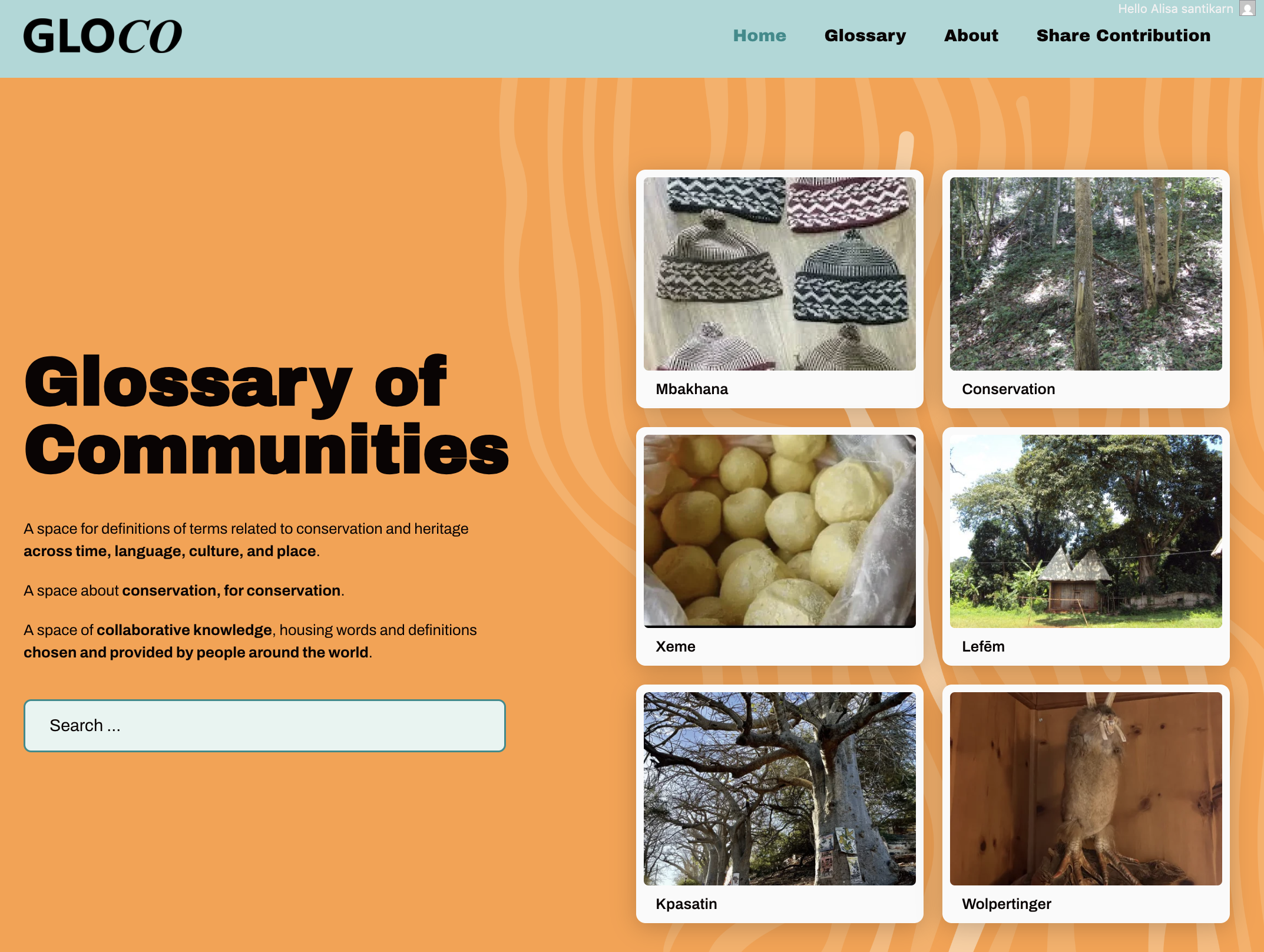 The webpage titled "Glossary of Communities" has a colorful background with icons and images related to conservation, heritage, and community knowledge. There are six thumbnail images labeled "Mbakhana," "Conservation," "Xeme," "Lefëm," "Kpasatin," and "Wolpertinger."