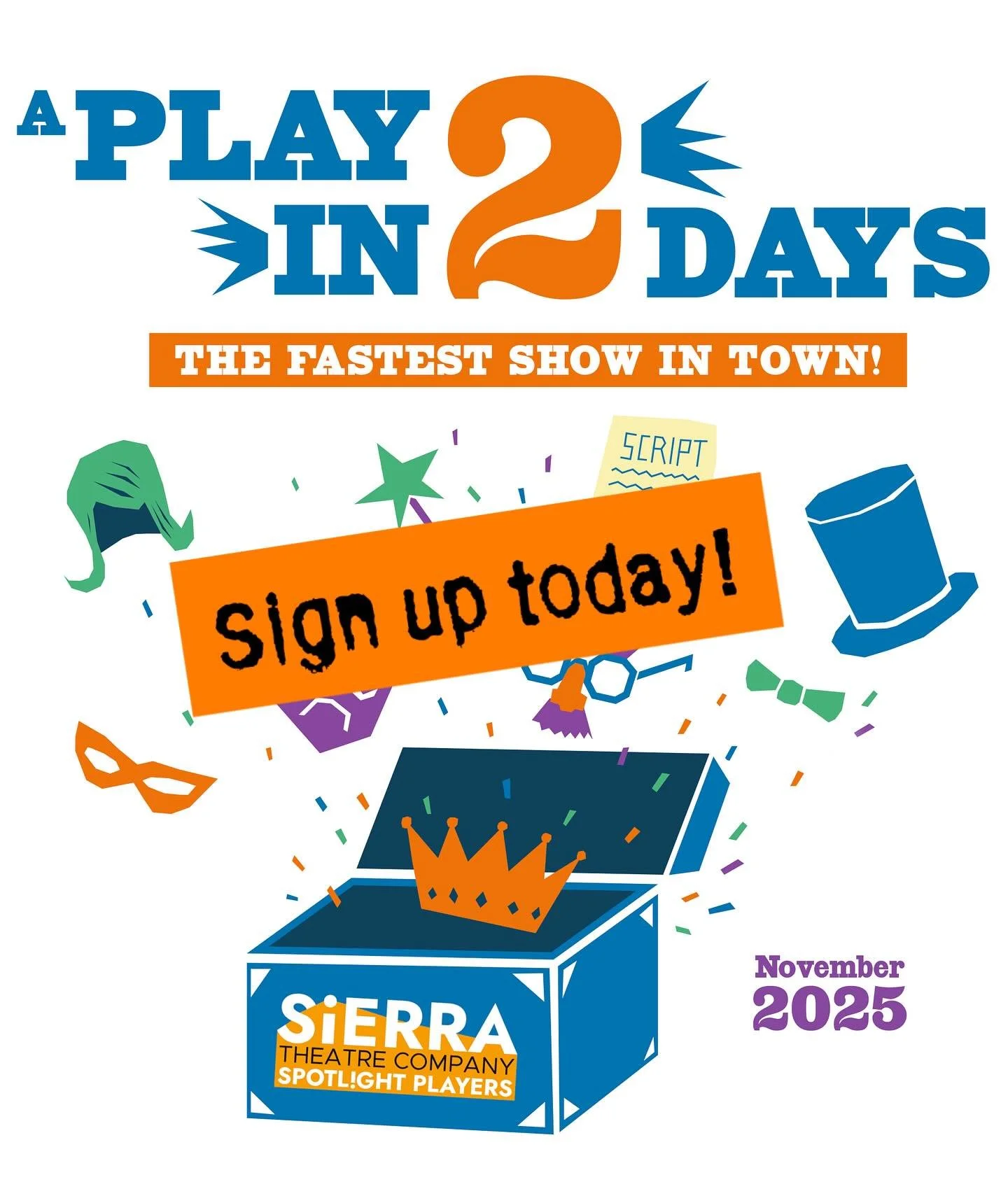 The Fastest Show in Town Returns! 🎩 
From auditions to costumes to curtain call &mdash; kids create and perform a full play in just two days! Fun, fast, and full of imagination for all experience levels.

🎭&nbsp;&nbsp;A Play in 2 Days 
Ages 7-10
No