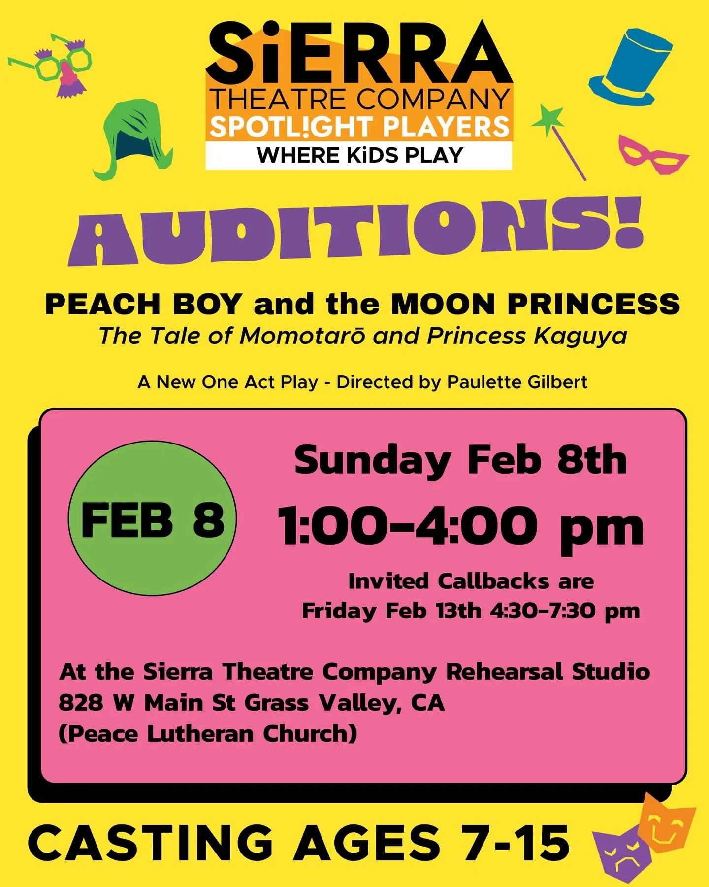 🎭✨ Spotlight Players is coming back to the main stage &mdash; and we want YOU! Yes, YOU to audition!✨🎭

Casting Ages 7&ndash;15 for 🍑🌙 PEACH BOY &amp; THE MOON PRINCESS 🌙🍑

A magical new one-act play
Directed by Paulette Gilbert

✨ Brave heroes