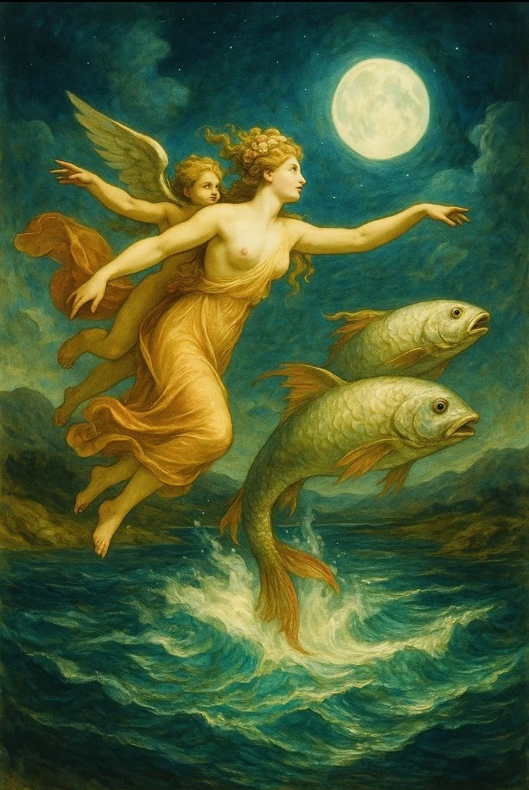 Goddesses flying over sea with Pisces fish under a full moon..