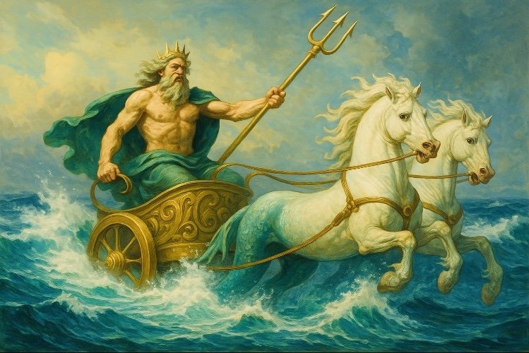 Celestial god Neptune riding a chariot across rolling waves and driven by white horses.