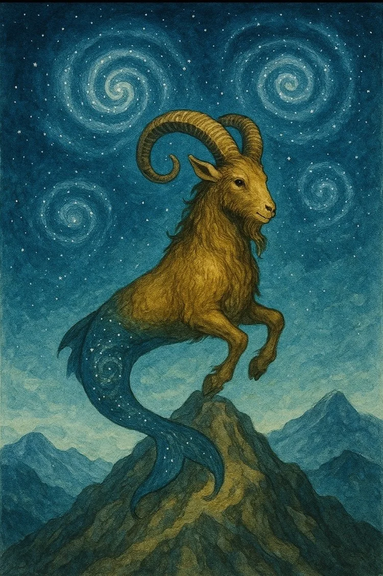 Capricorn goat under a starry lit sky and perched on a mountain.