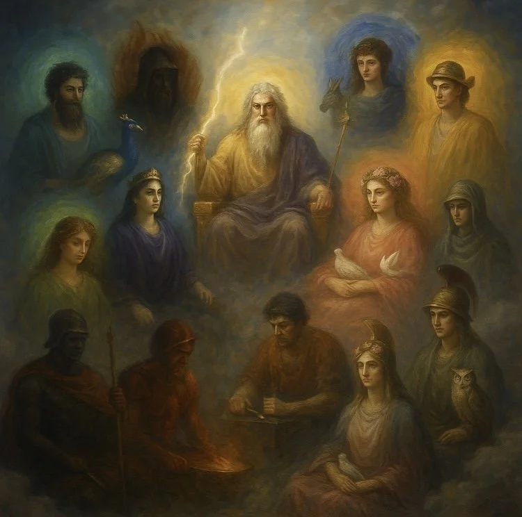 Picture of greek Gods and lightning.