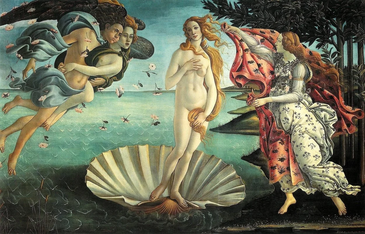 Leonardo da Vinci's painting of the birth of Venus shows the goddess Venus standing on a large shell in the sea, with long flowing red hair, covering herself modestly with her hand. To her right, a woman in elegant clothing is reaching out to her, while three figures with wings, representing angels or messengers, fly toward her from the left, over a body of water with a cloudy sky in the background.