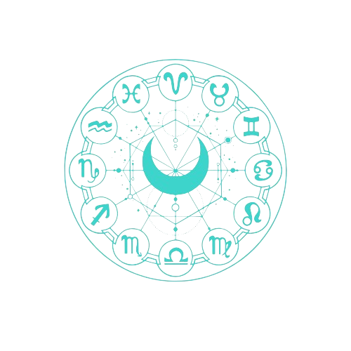 A circular design featuring the twelve zodiac symbols arranged around a central crescent moon, with connected lines and geometric patterns on a black background.