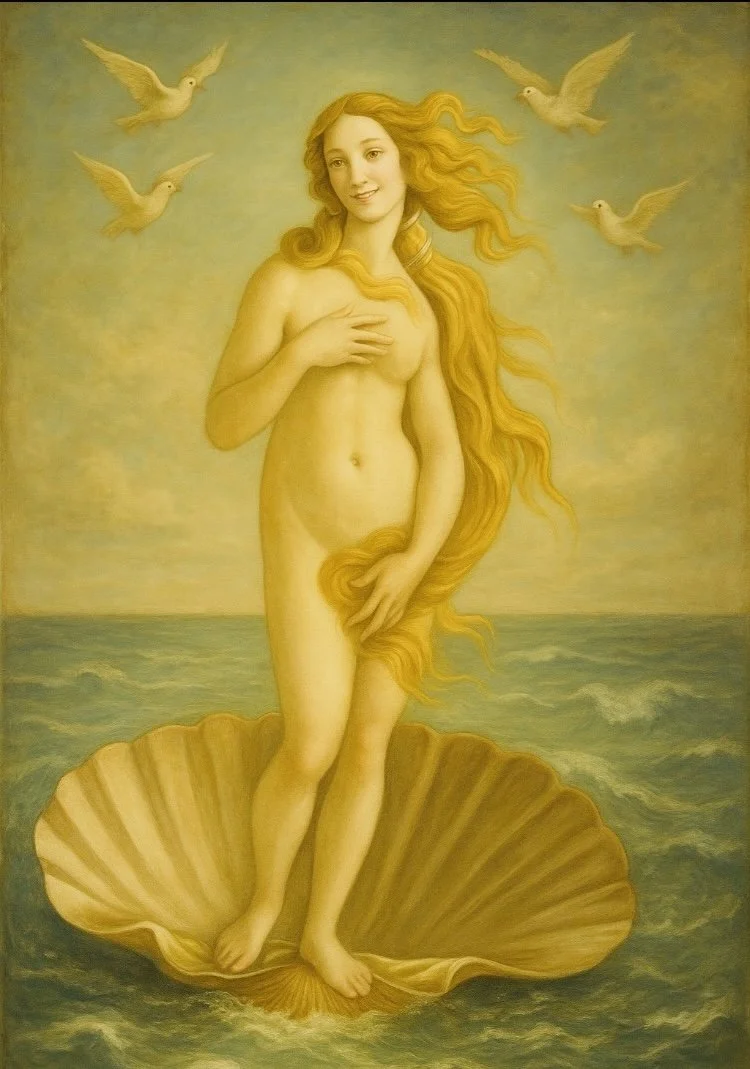 Aphrodite standing on a white shell with birds and the sea in the distance.