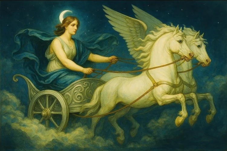 Selene on a chariot in the moonlit sky driven by white horses with wings.